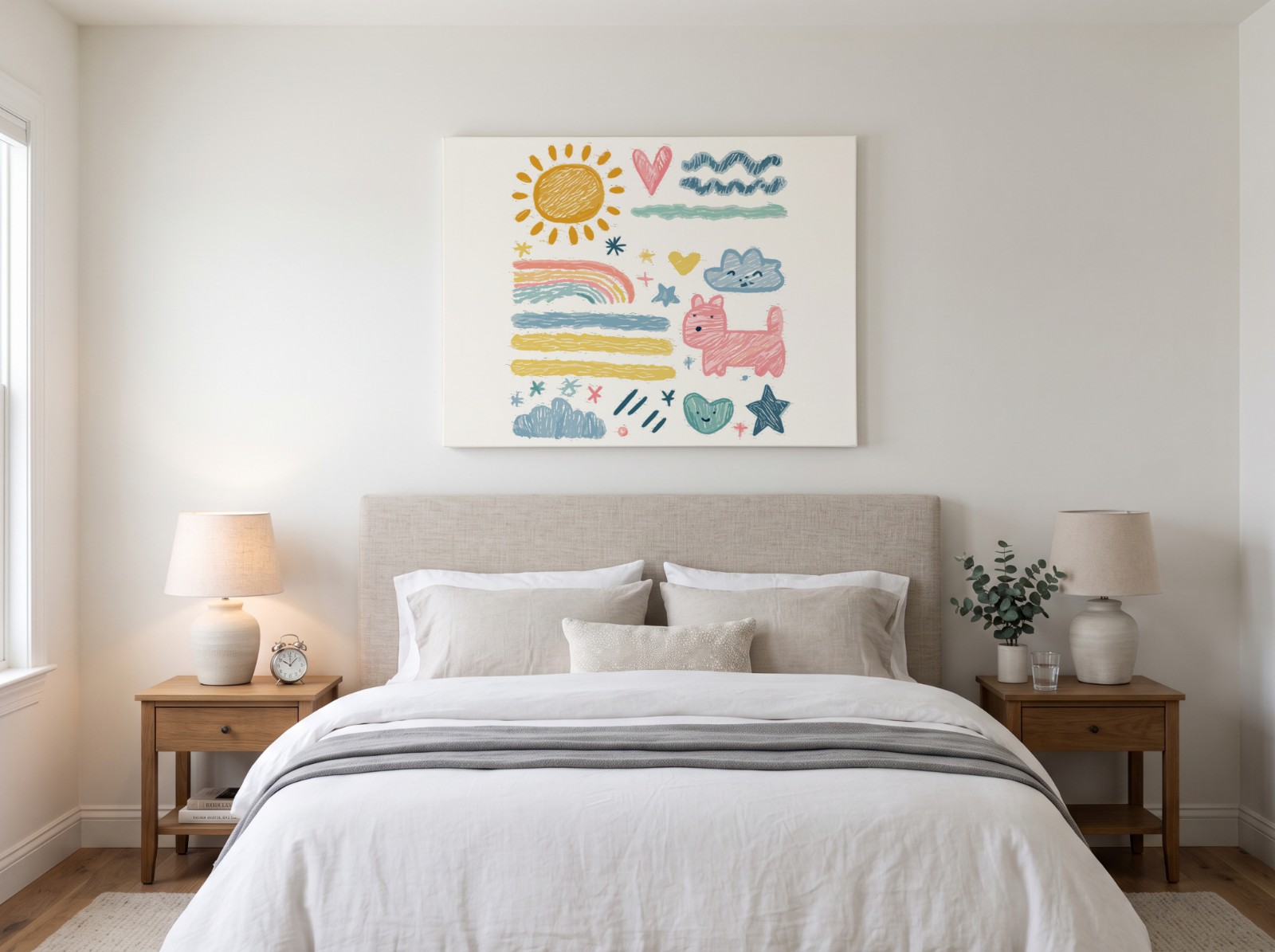 Landscape Canvas Above a Bed showing the crayon doodles artwork
