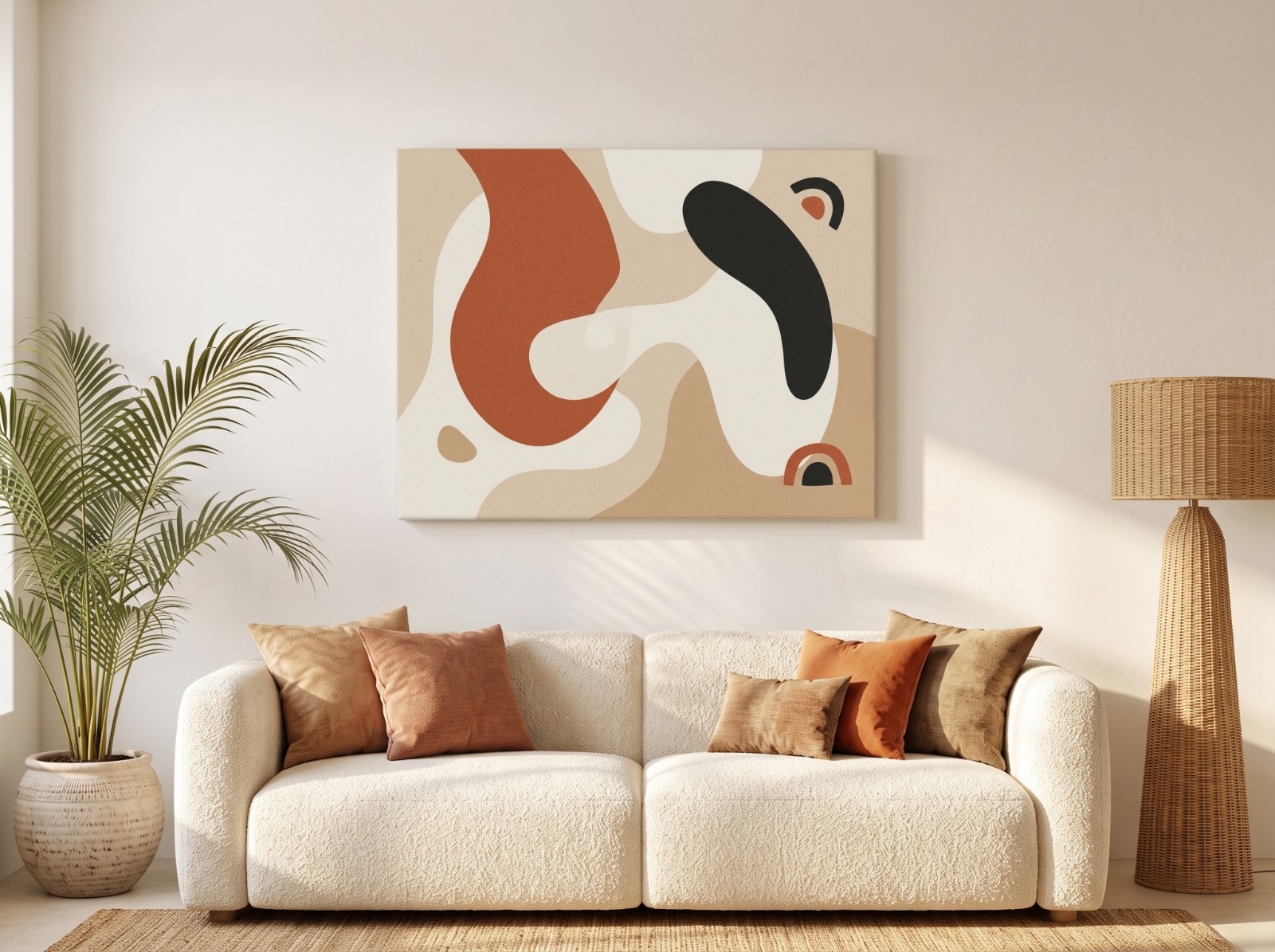 Landscape Canvas Boho Sofa showing a terracotta and black abstract print