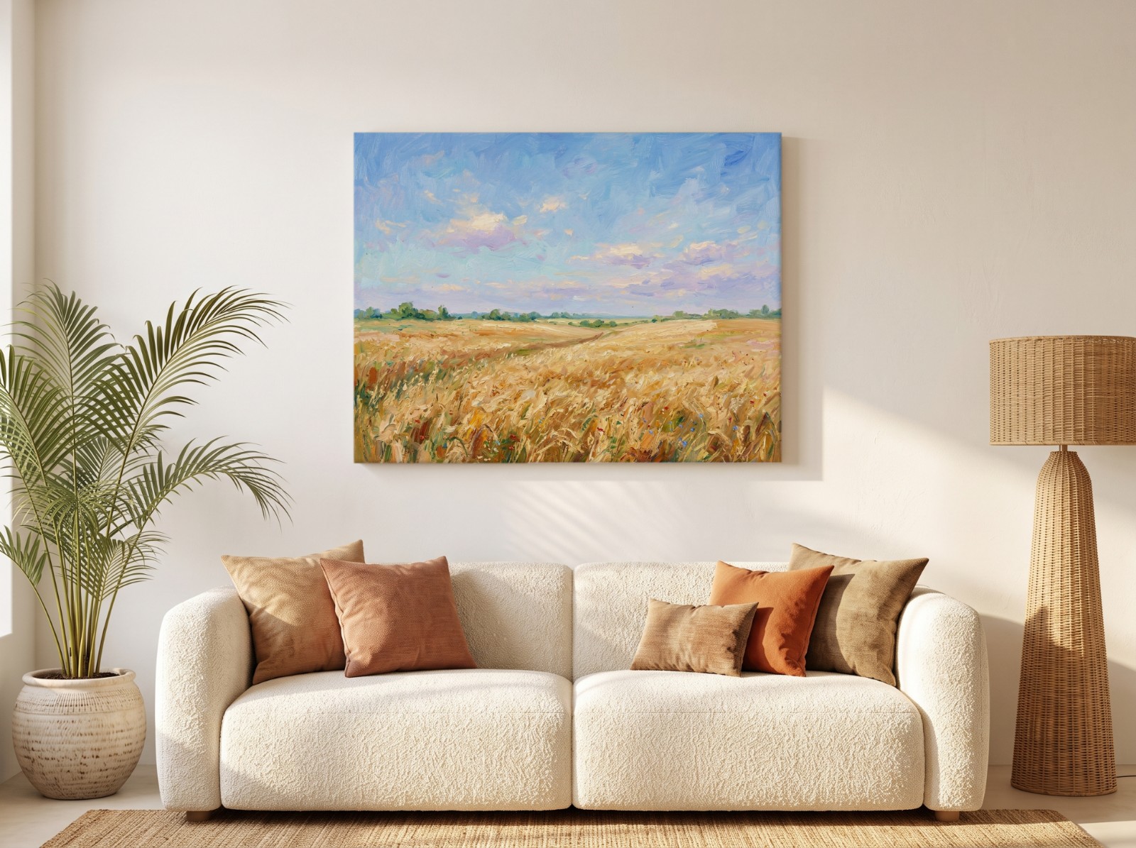 Landscape Canvas Boho Sofa showing a golden wheat field oil painting