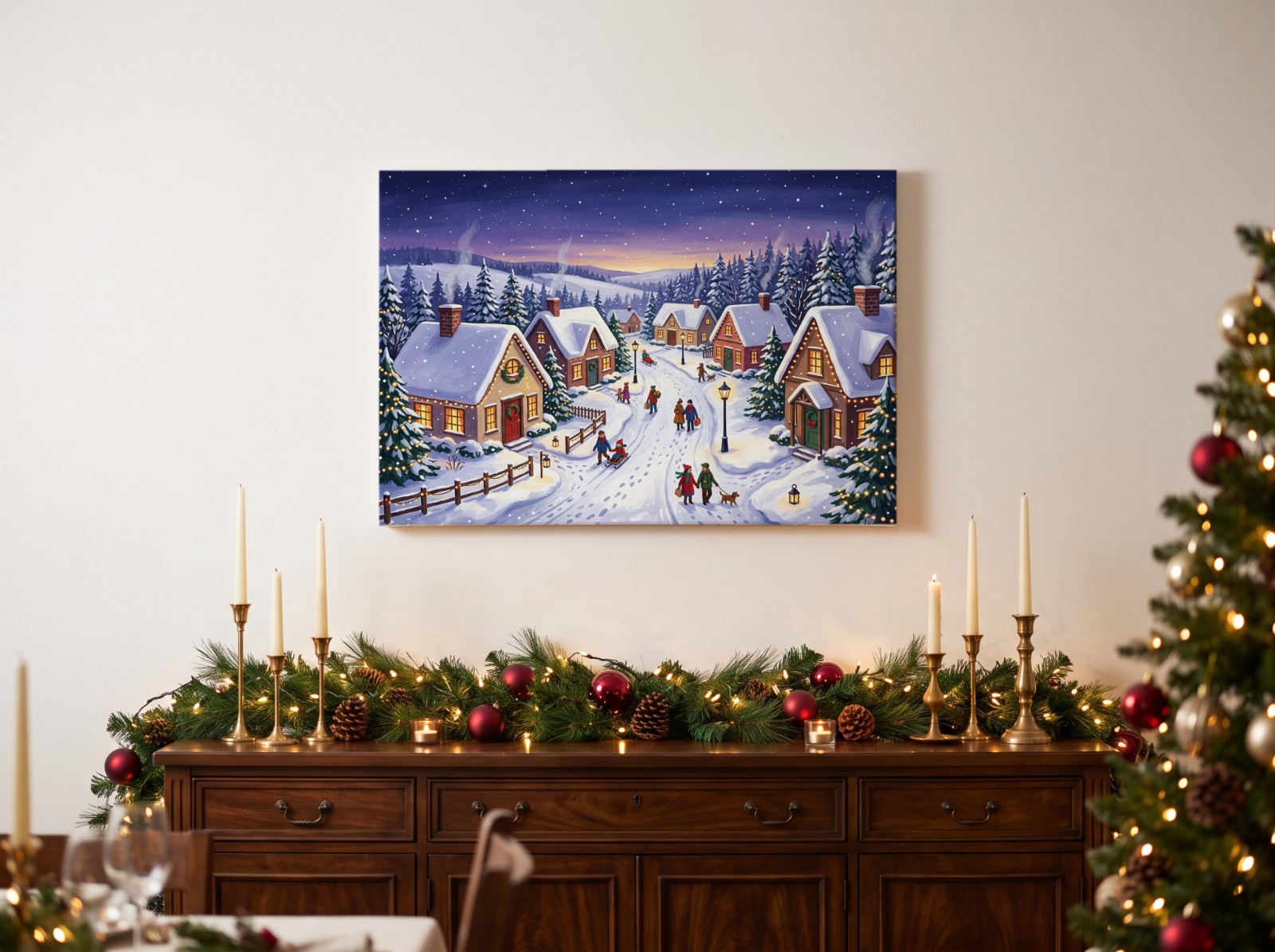 Landscape Christmas Canvas Dining Room showing a snowy Christmas village illustration