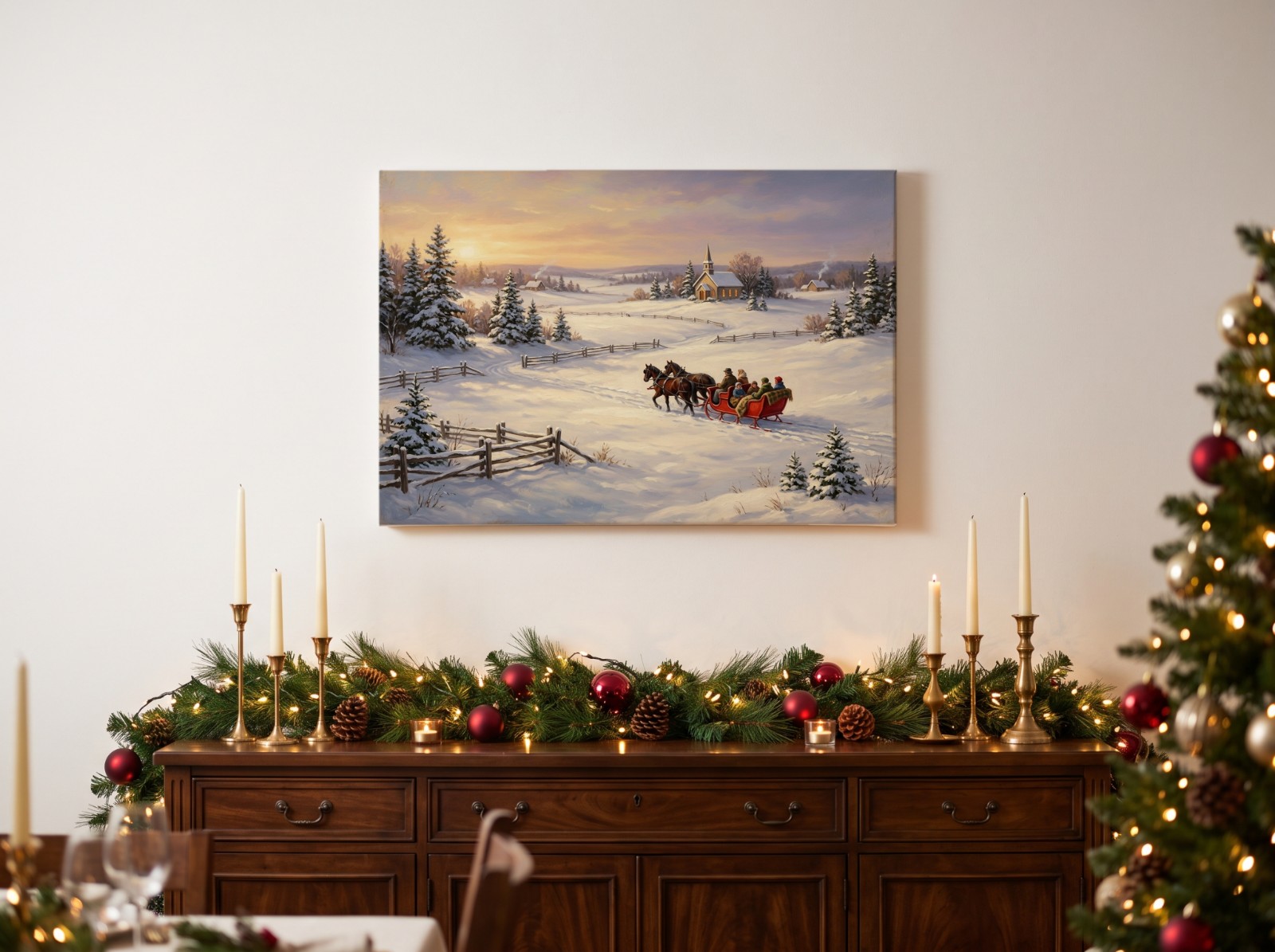 Landscape Christmas Canvas Dining Room showing a vintage Christmas sleigh painting
