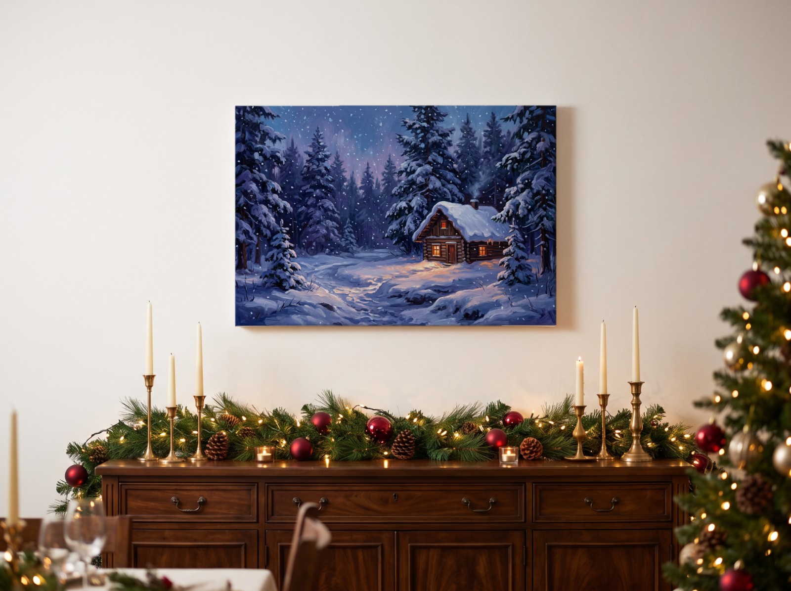 Landscape Christmas Canvas Dining Room showing a snowy forest cabin painting