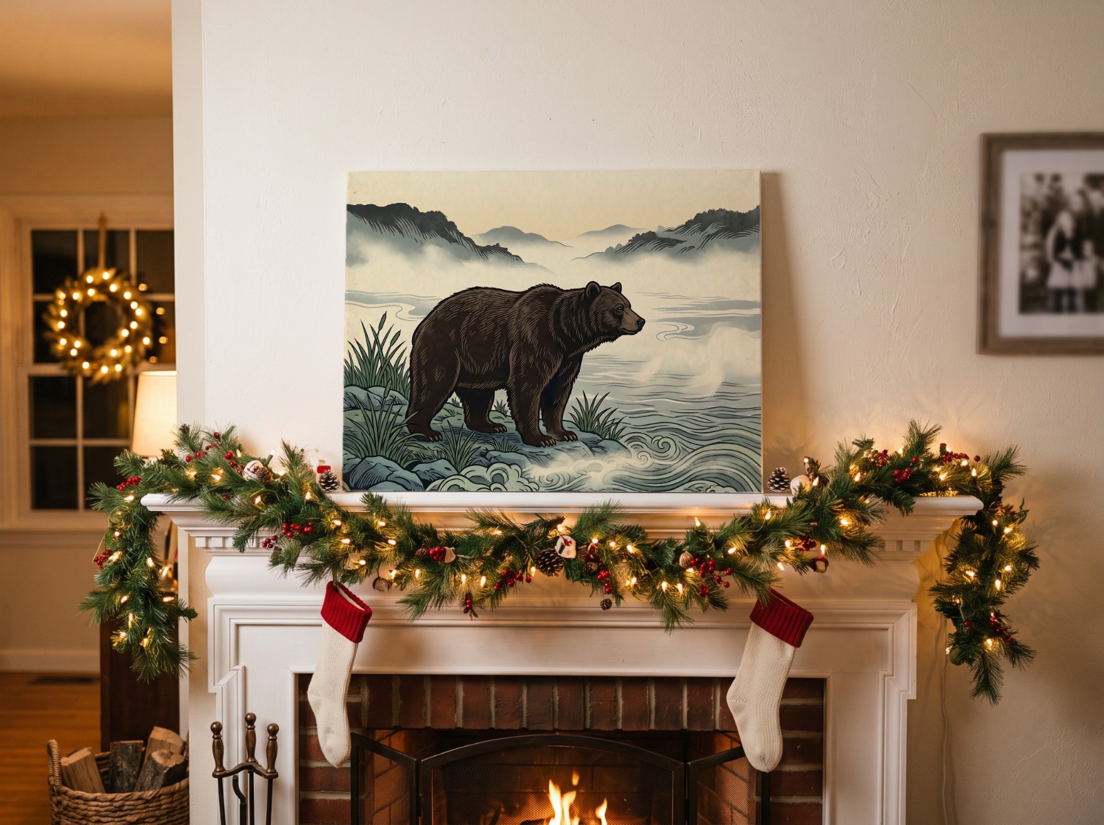 Landscape Canvas Mockup on a Christmas Fireplace Mantel example