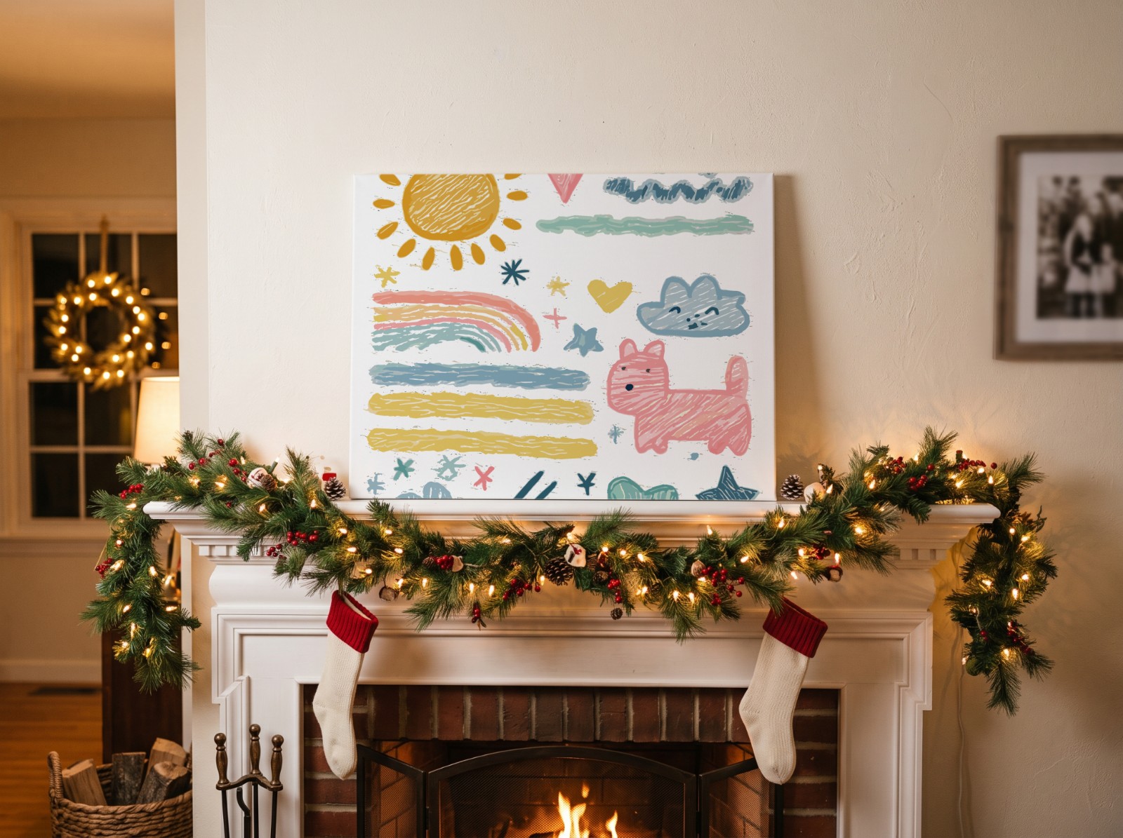 Landscape Canvas on a Christmas Fireplace Mantel showing the crayon doodles artwork