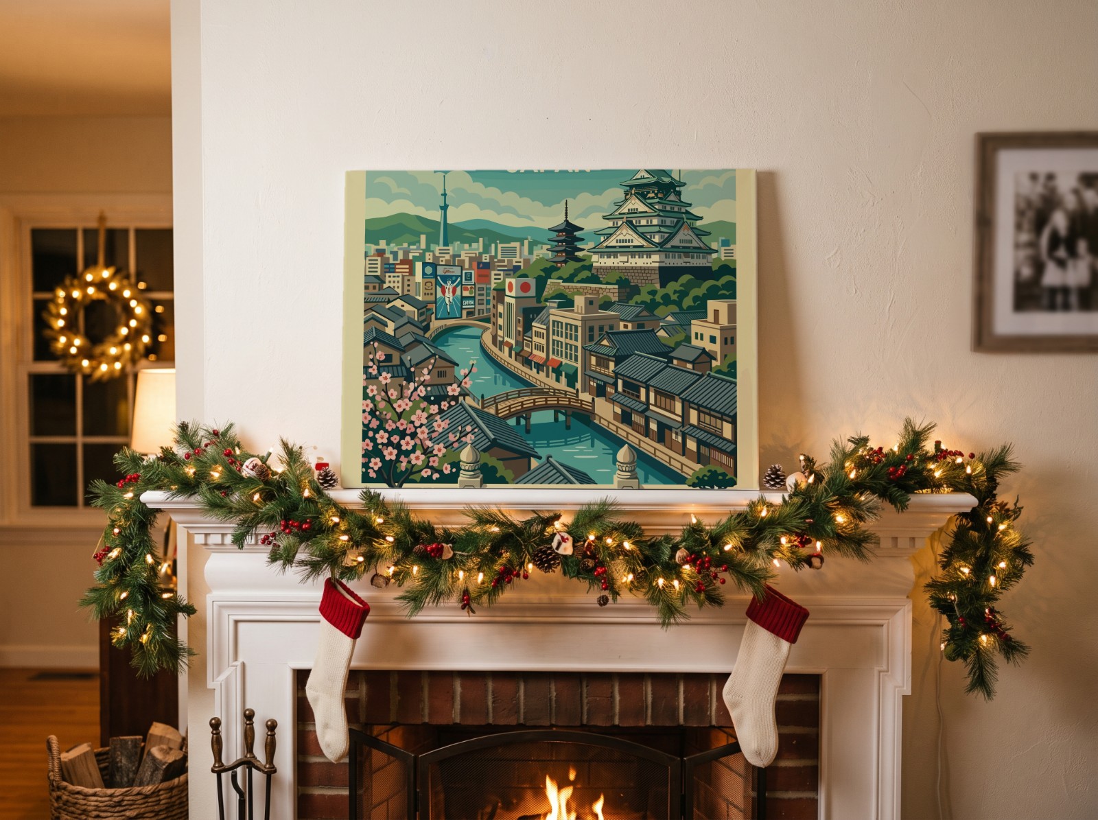 Landscape Canvas on a Christmas Fireplace Mantel showing the Osaka Japan travel print