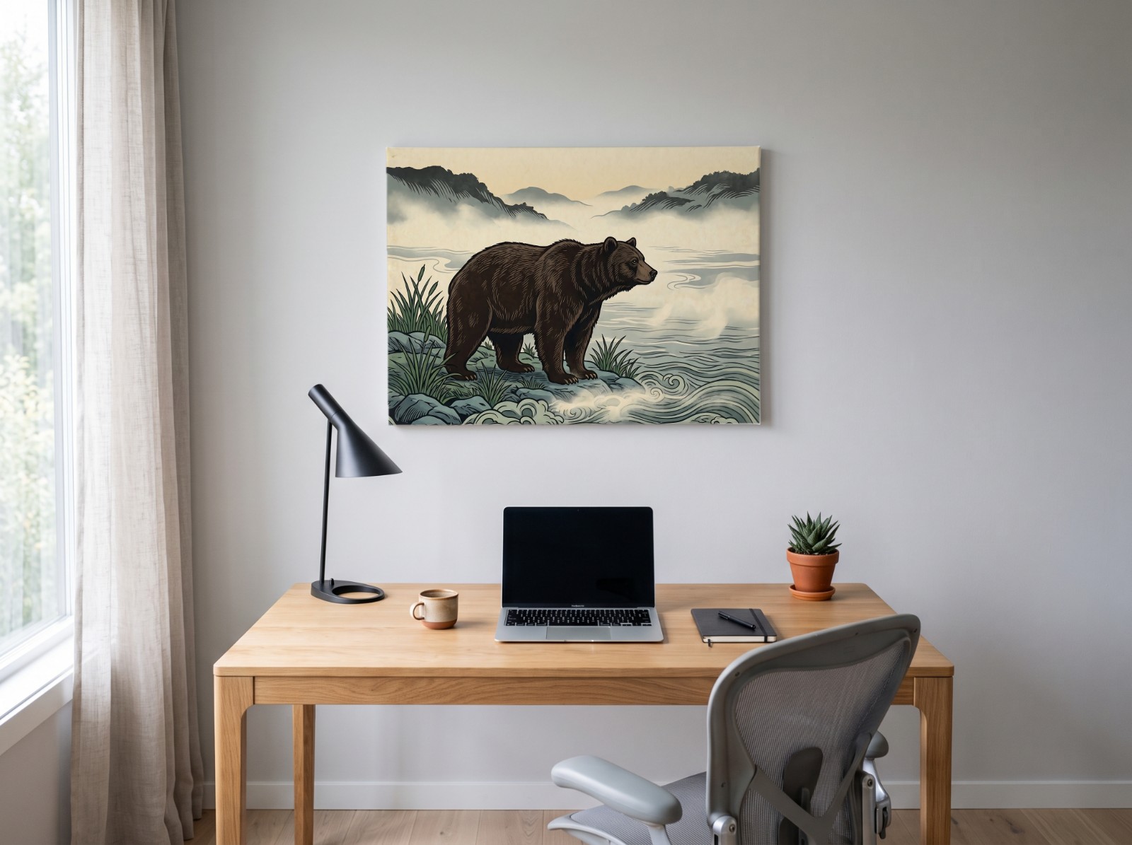 Landscape Canvas Above a Home Office Desk showing the Bear River Mist art print