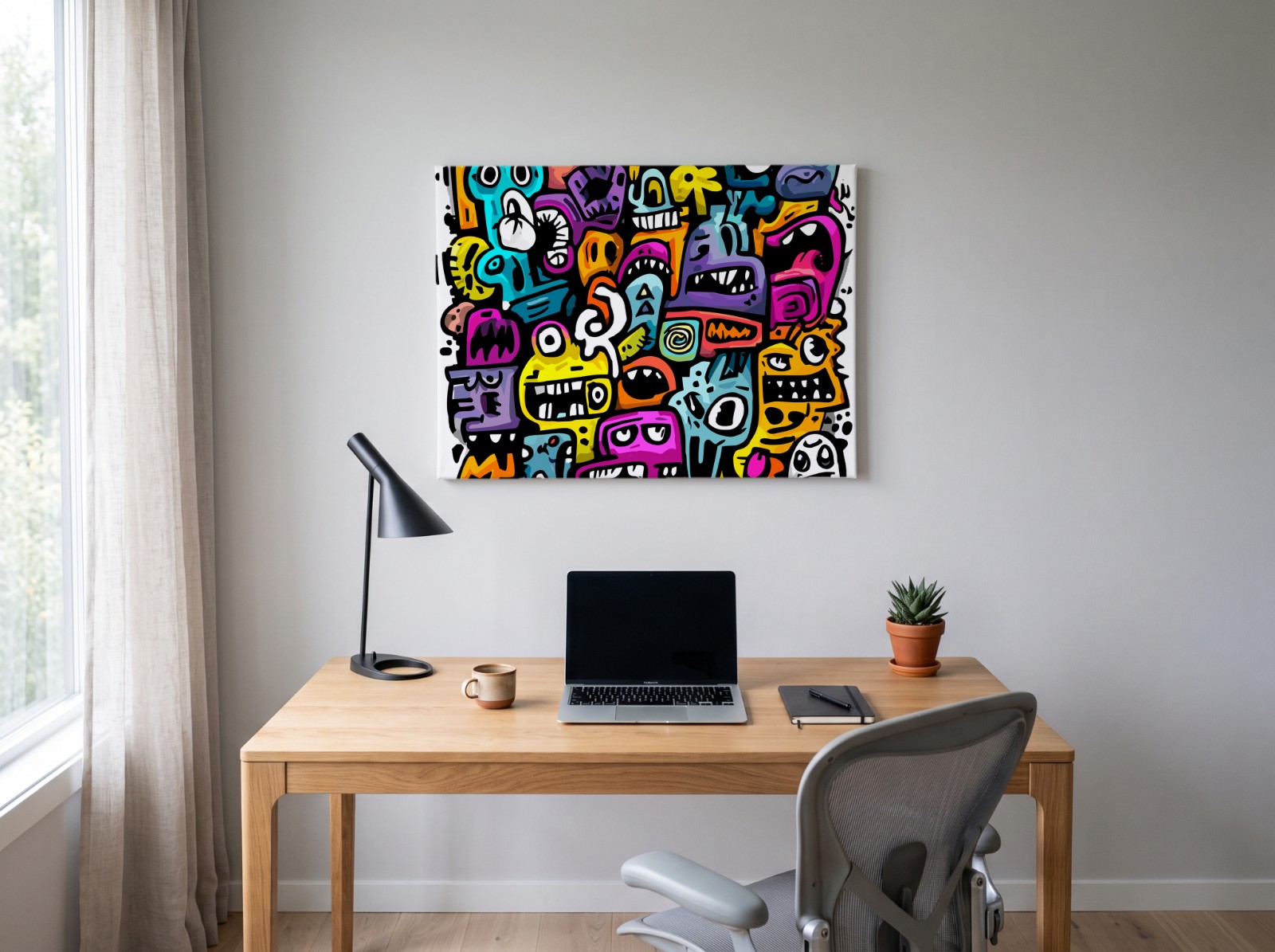 Landscape Canvas Above a Home Office Desk showing the WTF monster doodles
