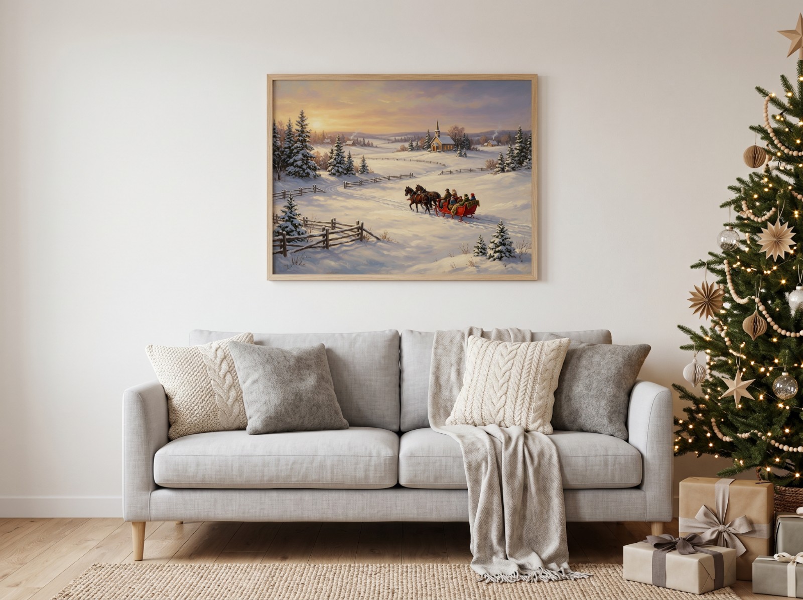 Landscape Oak Frame Christmas Sofa Mockup example