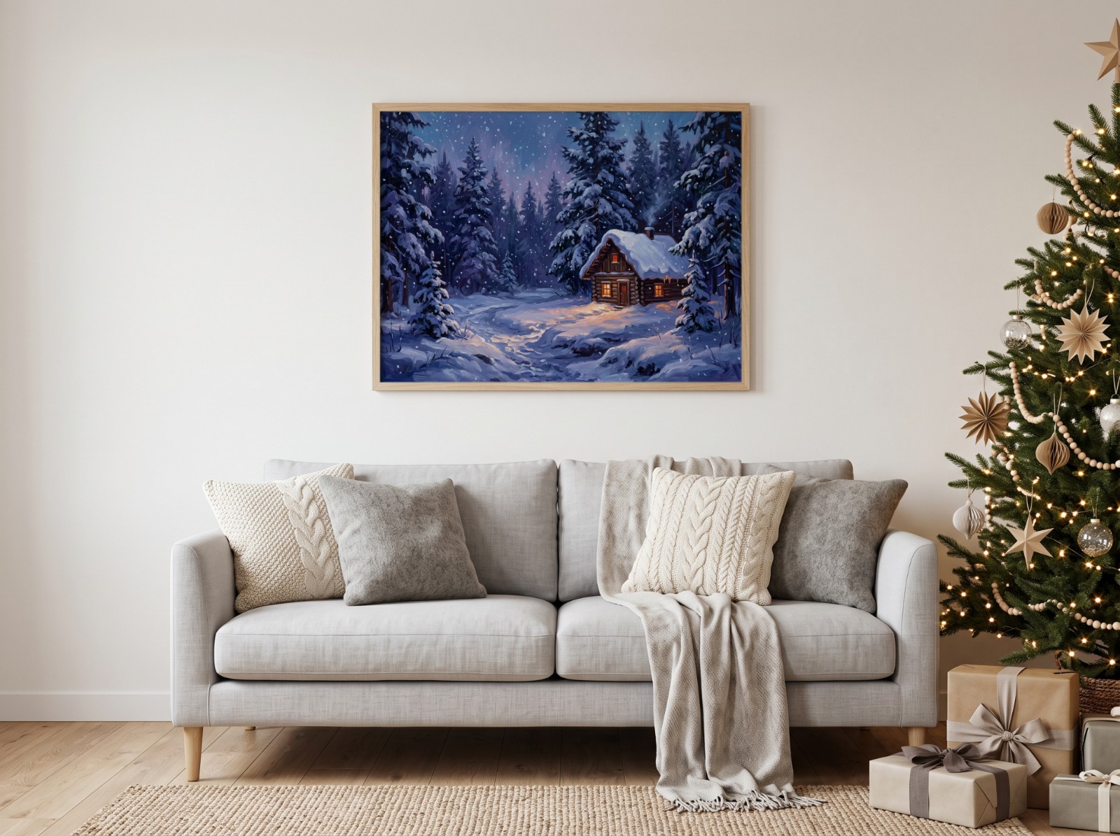 Landscape Oak Frame Christmas Sofa showing a snowy forest cabin painting
