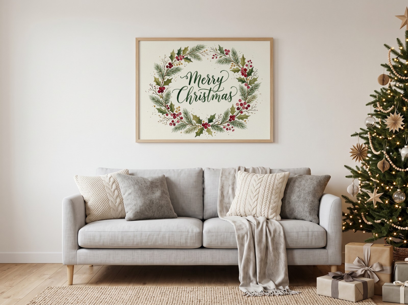 Landscape Oak Frame Christmas Sofa showing a Merry Christmas wreath typography print