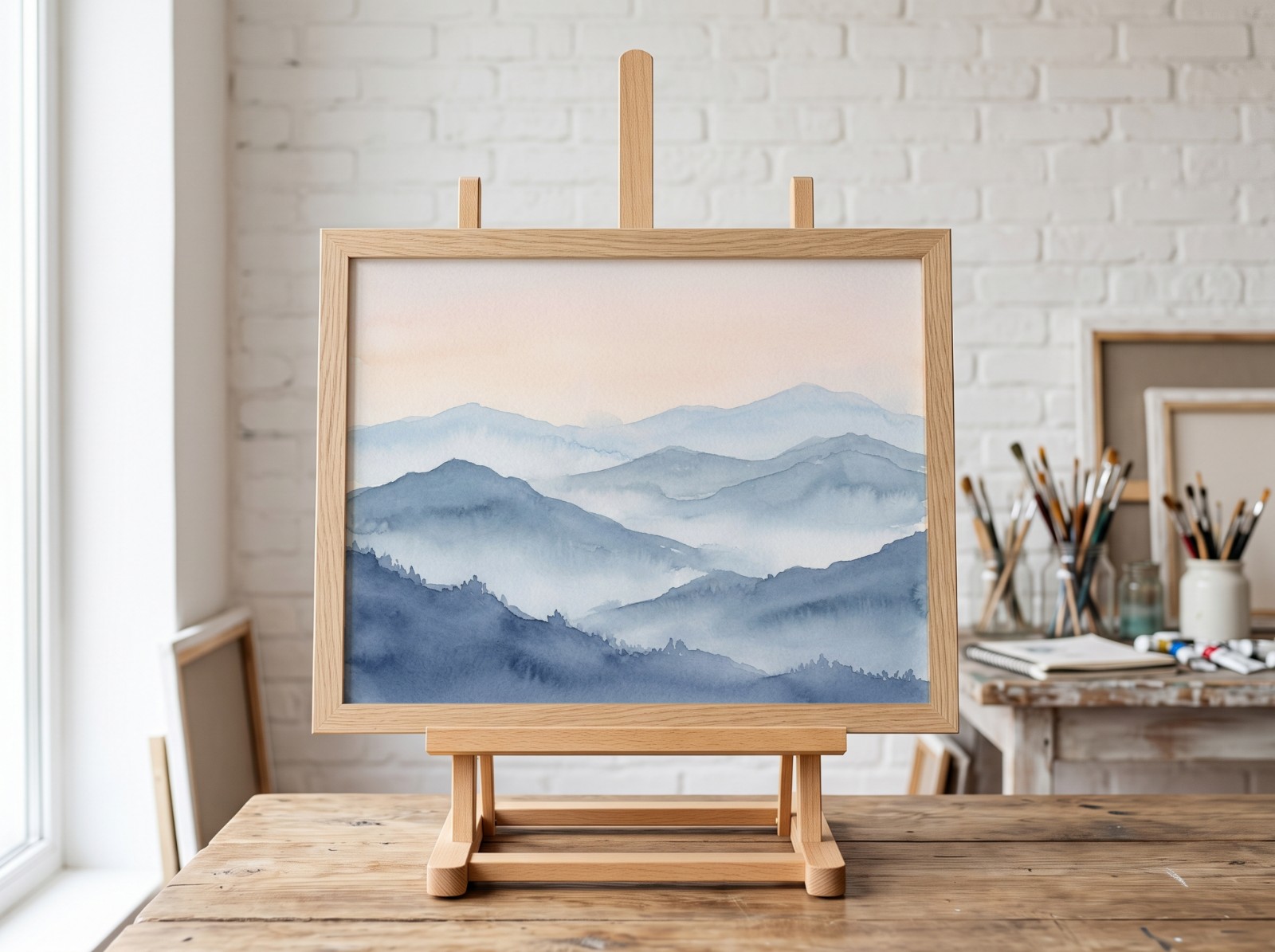 Landscape Oak Frame on Easel showing a misty blue mountain watercolour