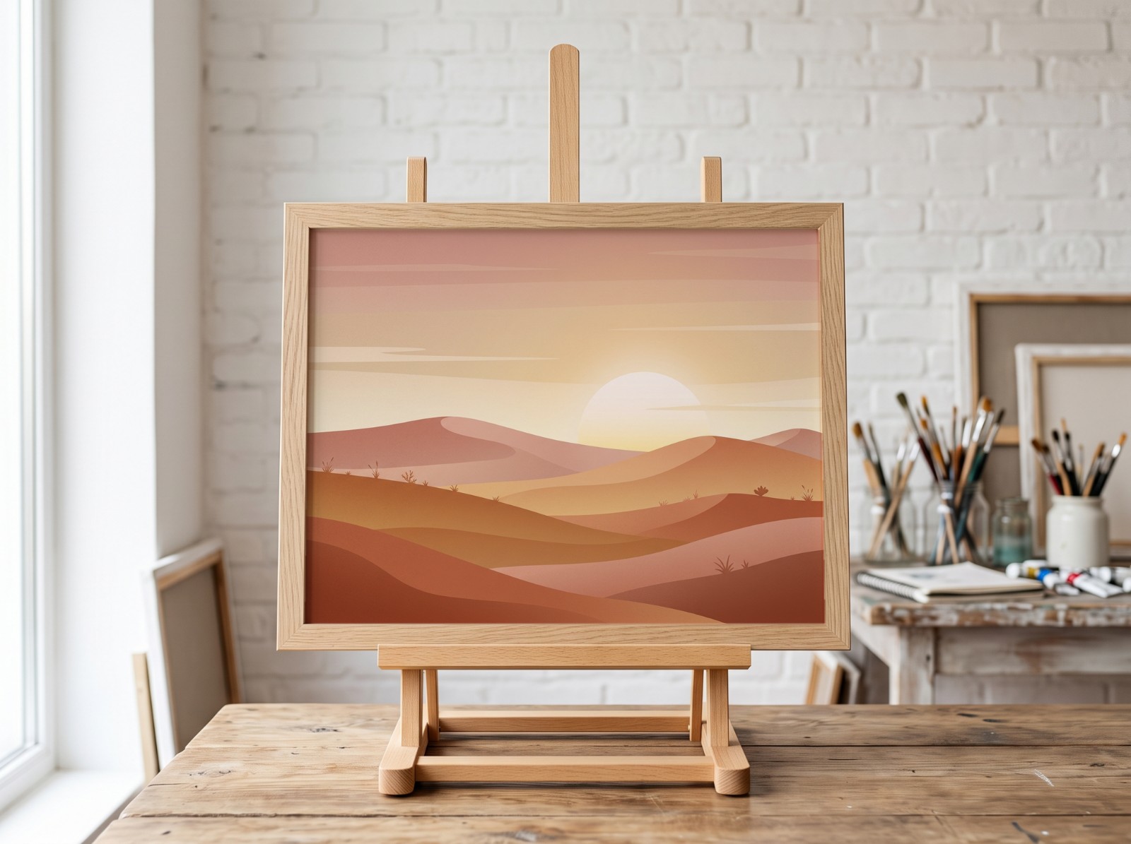Landscape Oak Frame on Easel showing a boho desert sunset print