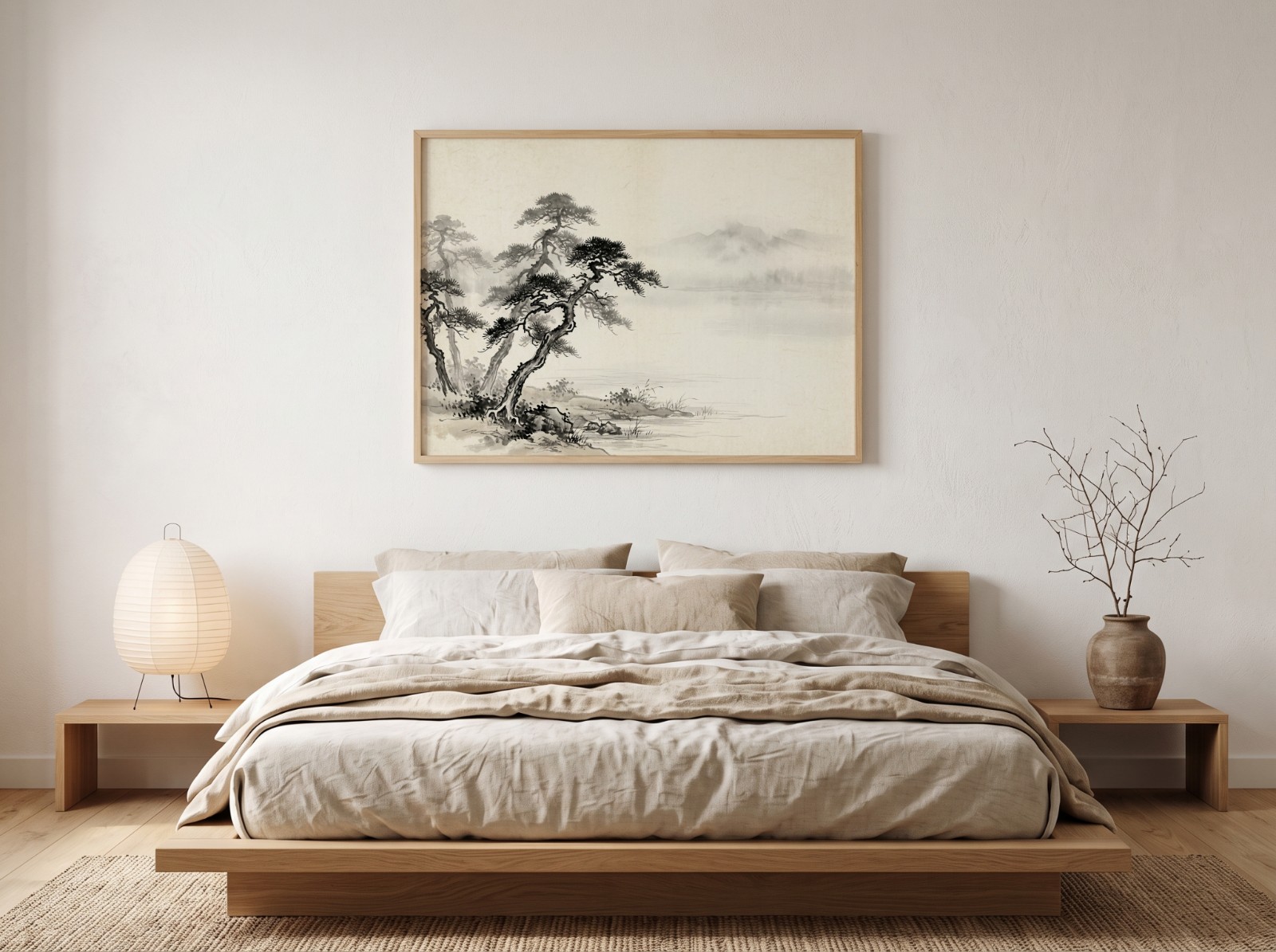 Landscape Oak Frame Japandi Bedroom Mockup example
