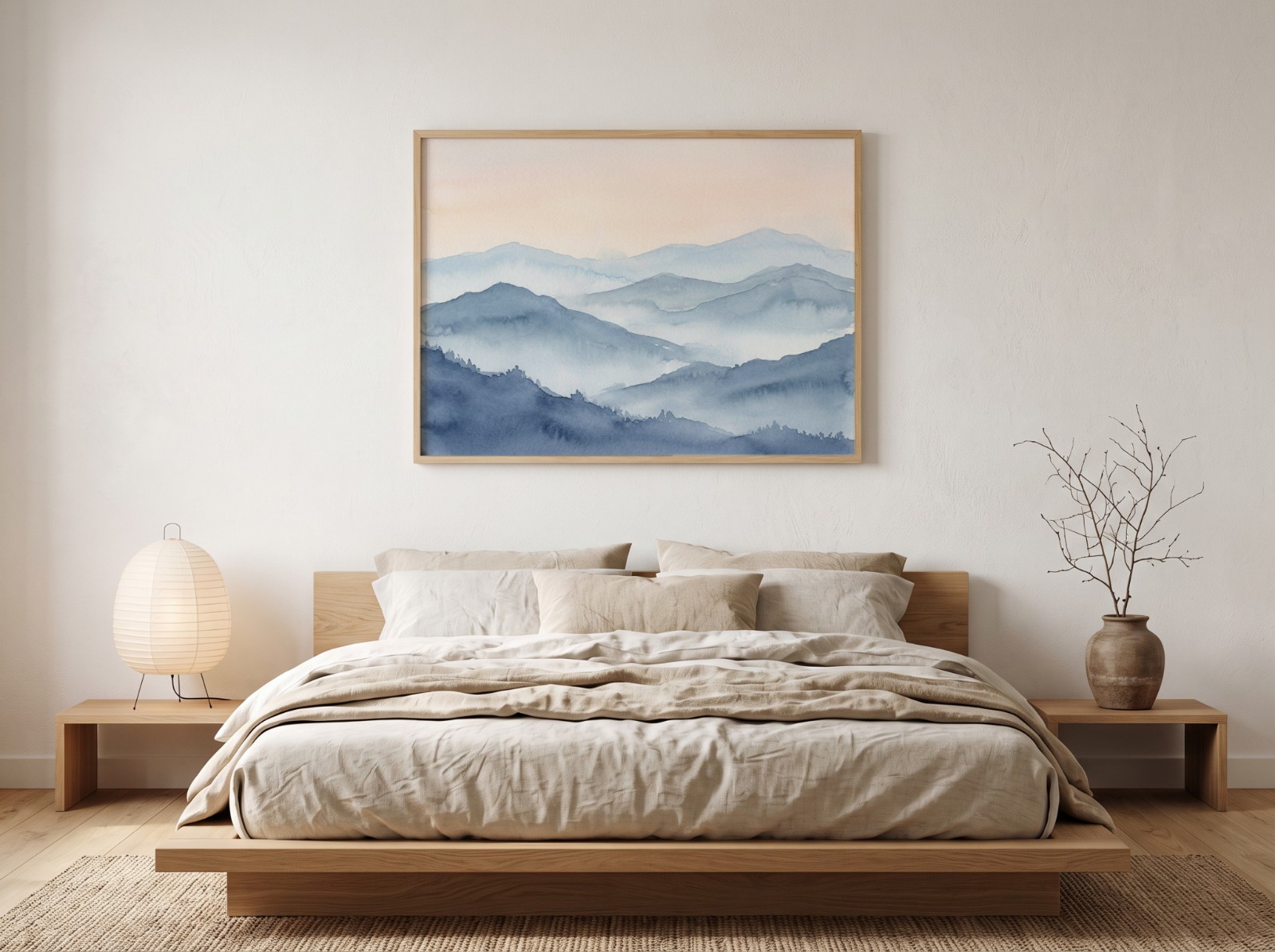 Landscape Oak Frame Japandi Bedroom showing a misty blue mountain watercolour