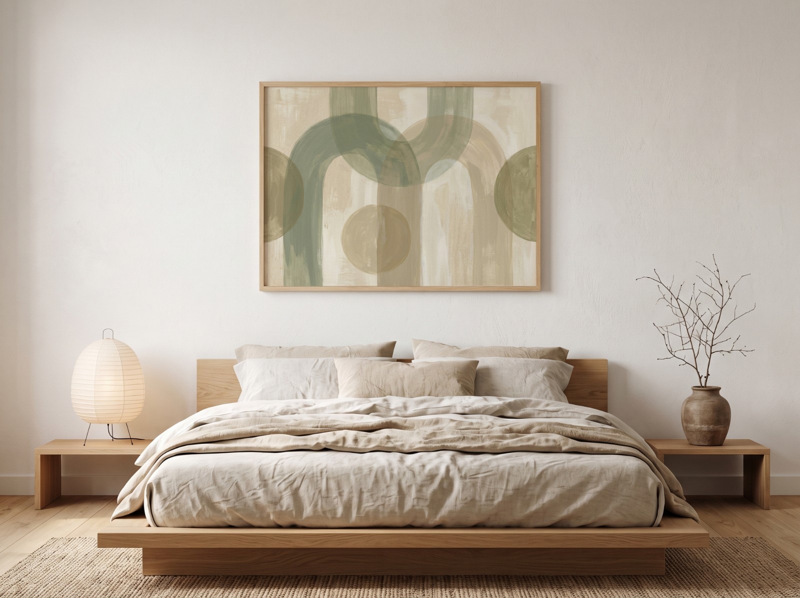 Landscape Oak Frame Japandi Bedroom showing a sage green arches abstract