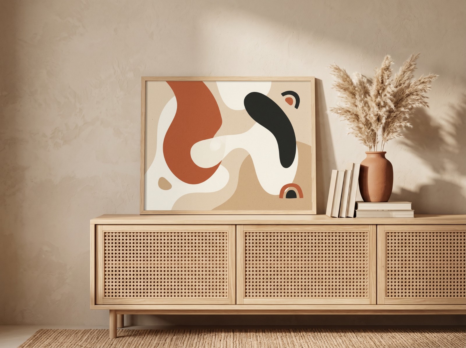 Landscape Oak Frame Boho Sideboard showing a terracotta and black abstract print