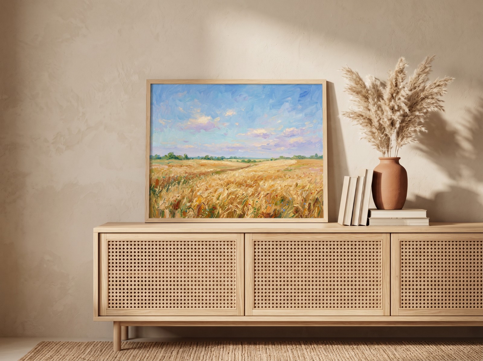Landscape Oak Frame Boho Sideboard showing a golden wheat field oil painting