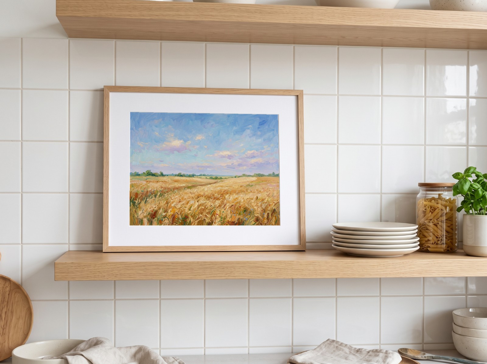 Landscape Oak Mat Frame Kitchen Shelf showing a golden wheat field oil painting