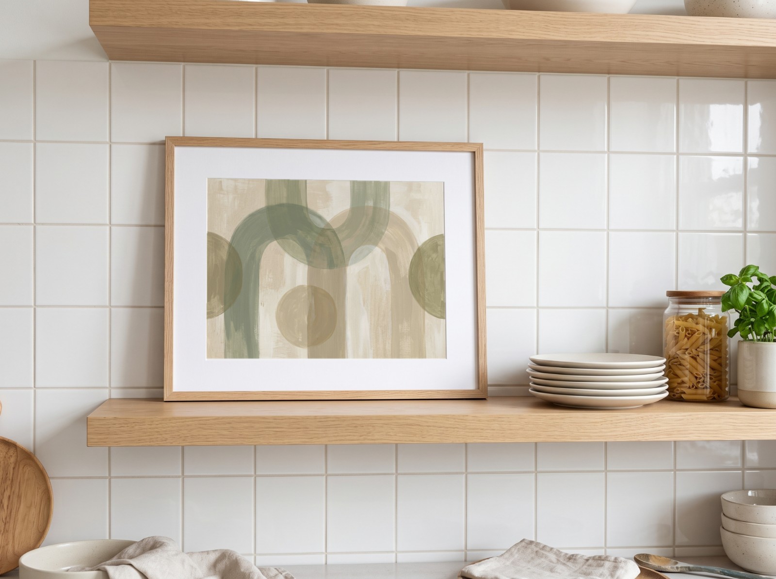Landscape Oak Mat Frame Kitchen Shelf showing a sage green arches abstract