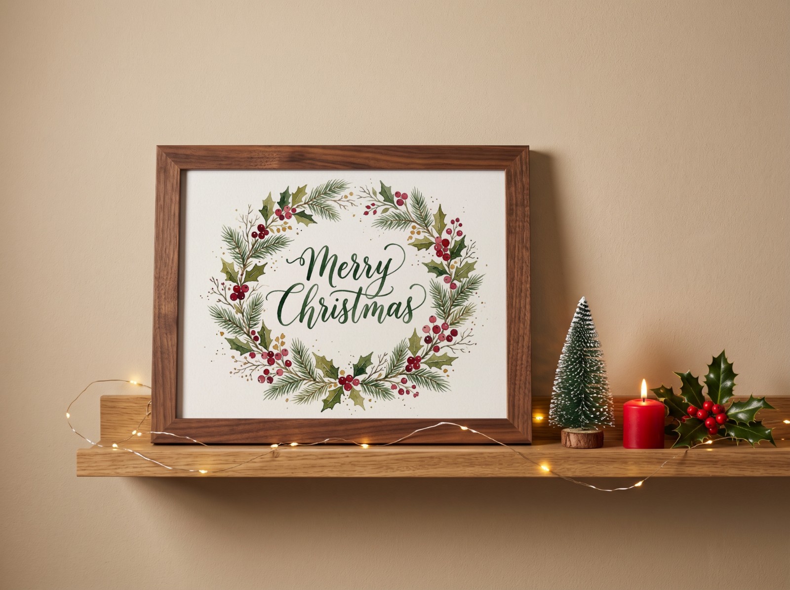 Landscape Walnut Frame Christmas Ledge Mockup example