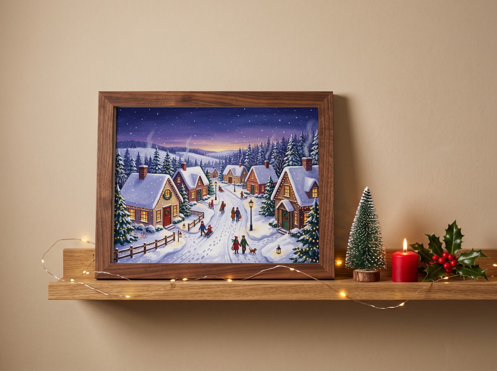 Landscape Walnut Frame Christmas Ledge showing a snowy Christmas village illustration
