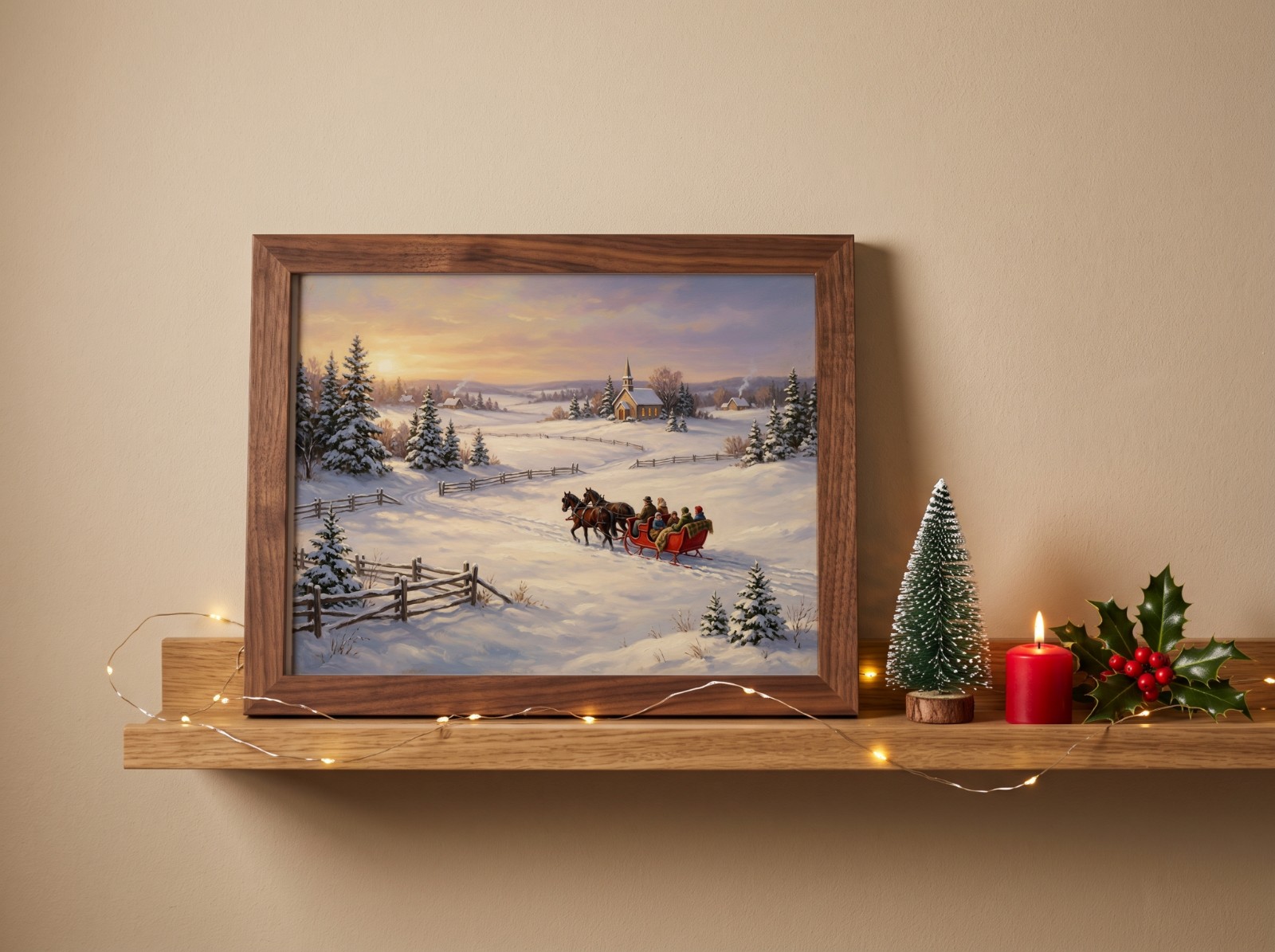 Landscape Walnut Frame Christmas Ledge showing a vintage Christmas sleigh painting