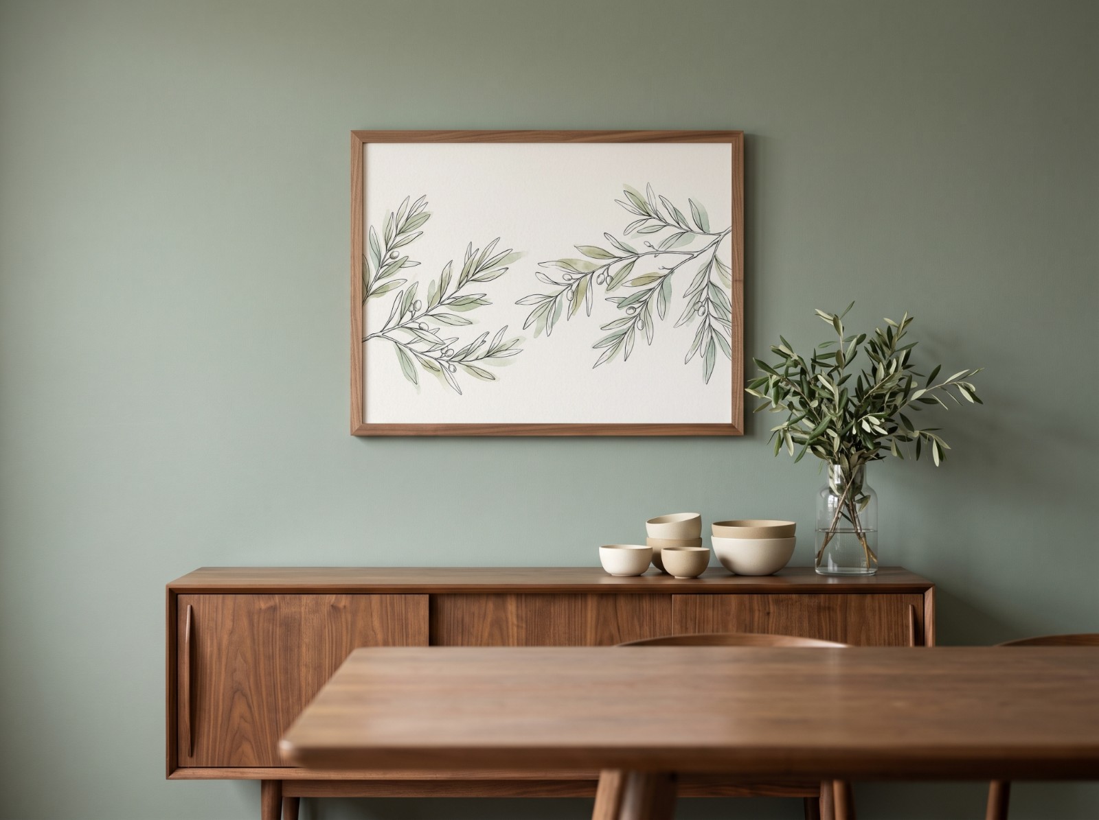 Landscape Walnut Frame Sage Dining Room Mockup example