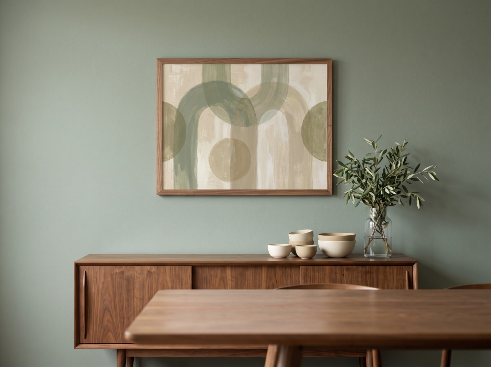 Landscape Walnut Frame Sage Dining Room showing a sage green arches abstract