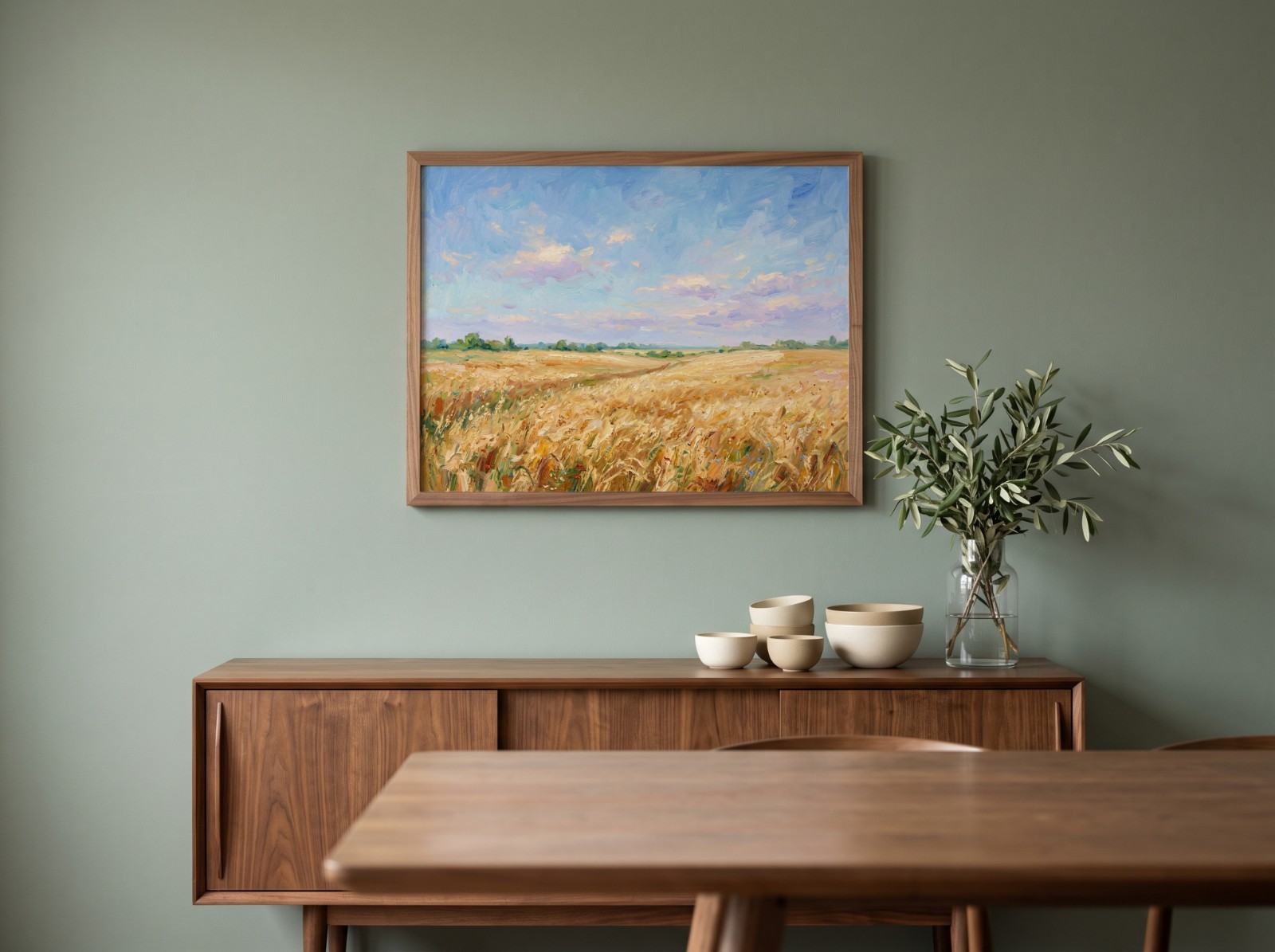Landscape Walnut Frame Sage Dining Room showing a golden wheat field oil painting