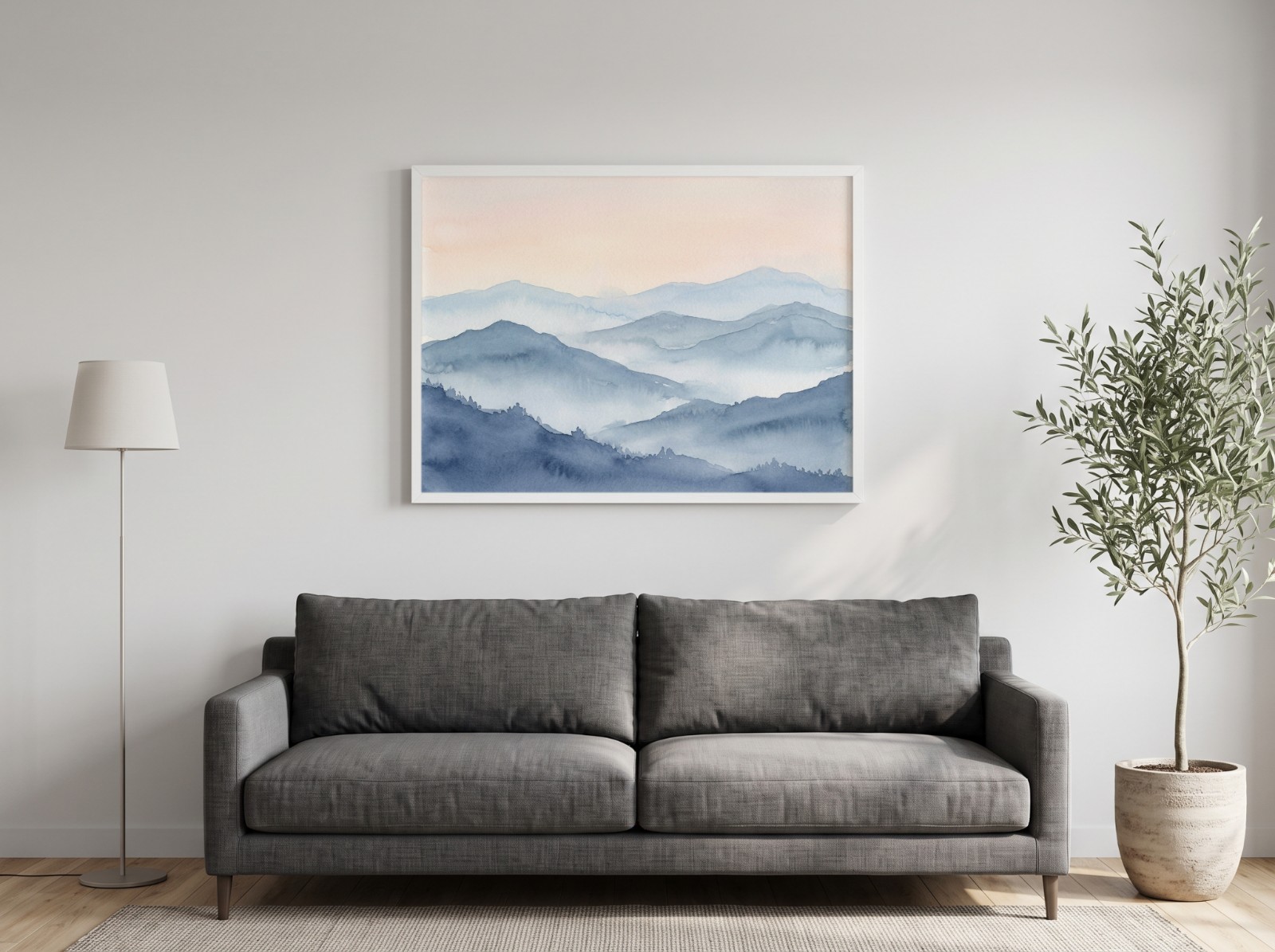 Landscape White Frame Grey Sofa Mockup example
