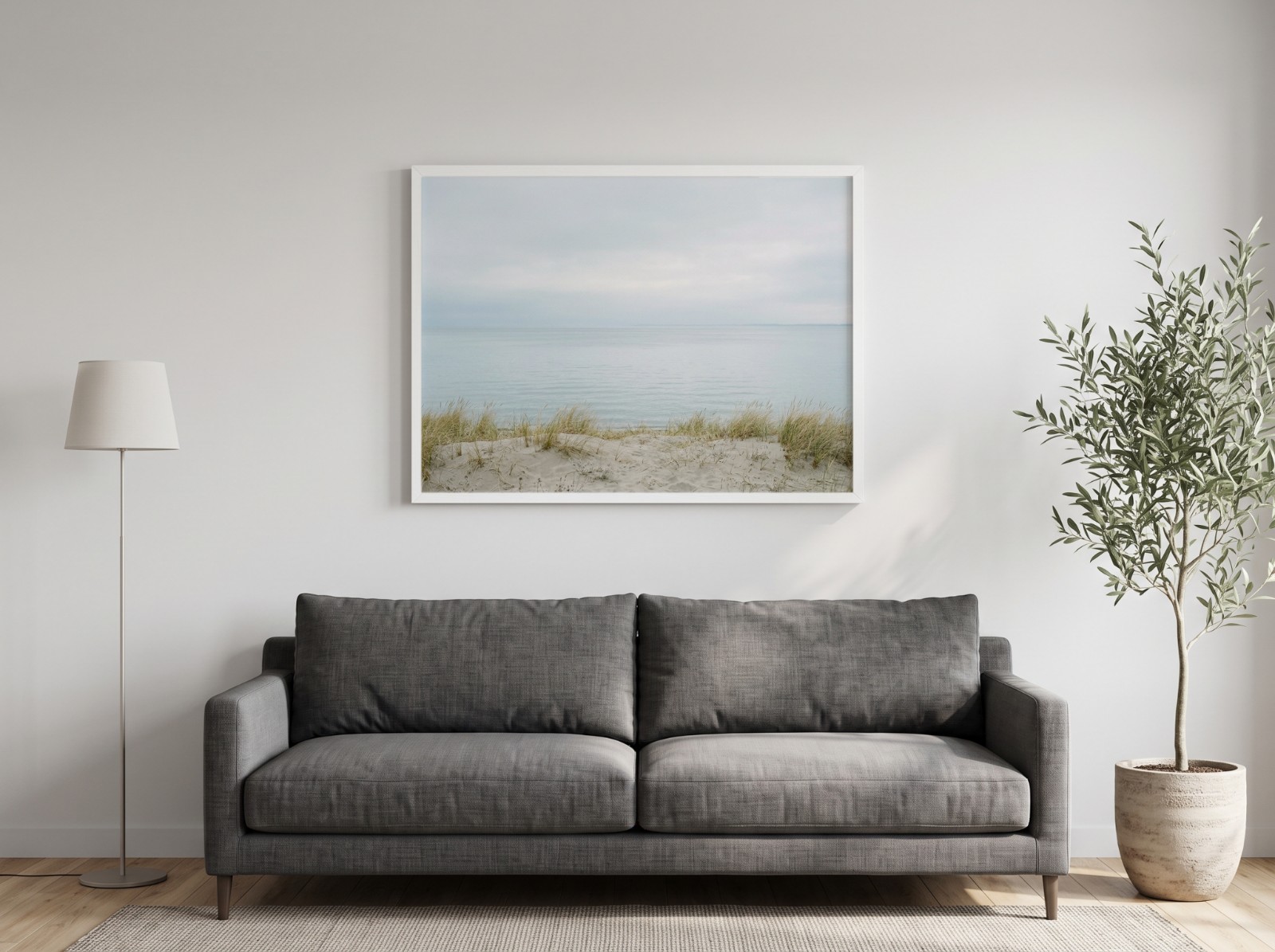 Landscape White Frame Grey Sofa showing a calm coastal dune landscape