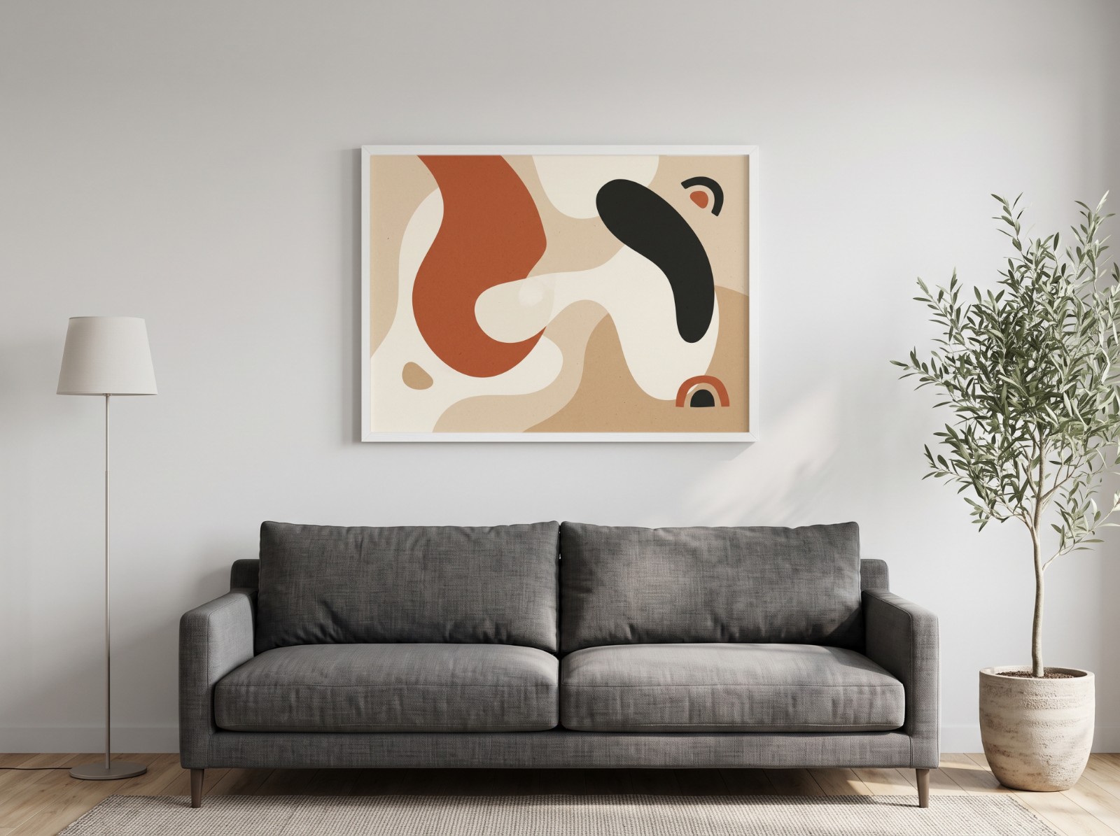 Landscape White Frame Grey Sofa showing a terracotta and black abstract print