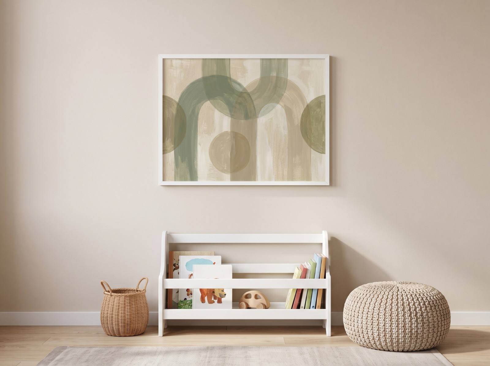 Landscape White Frame Kids Room showing a sage green arches abstract