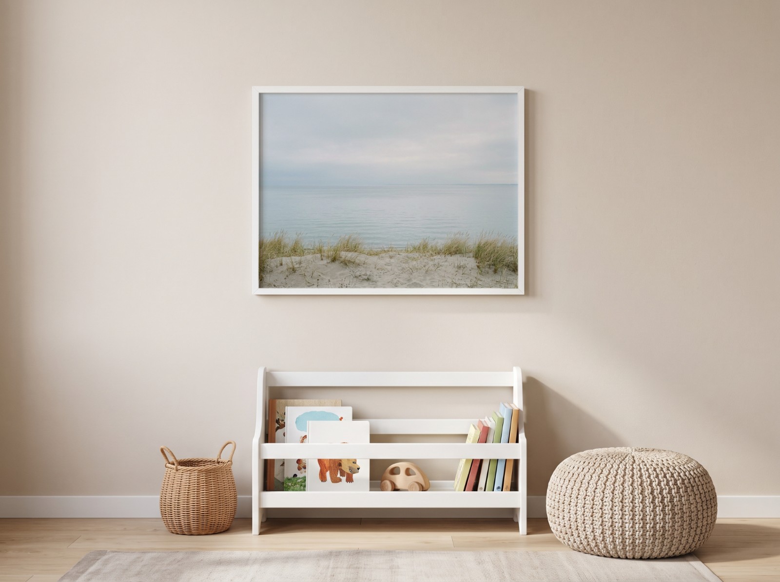 Landscape White Frame Kids Room showing a calm coastal dune landscape