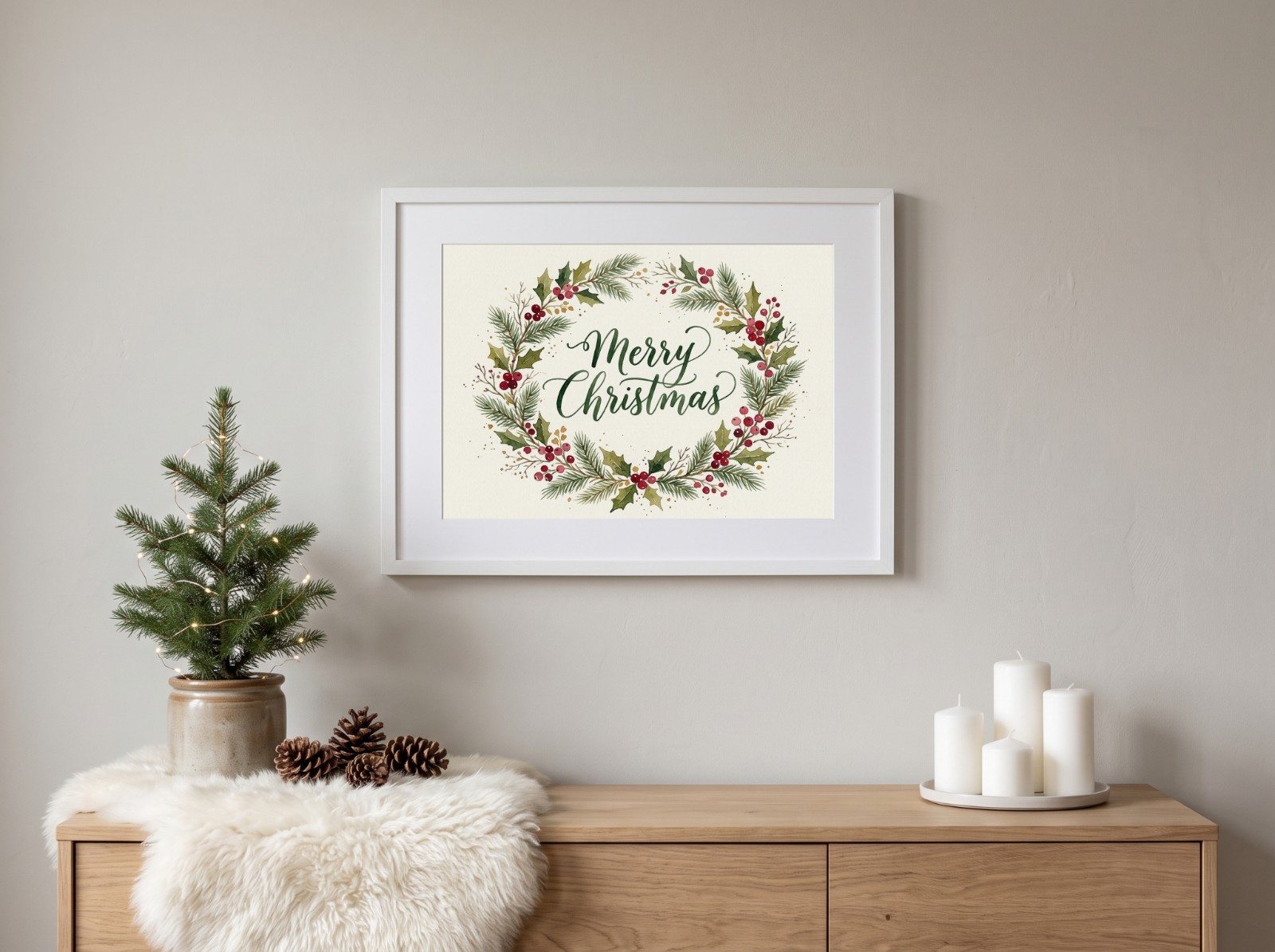 Landscape White Mat Frame Nordic Christmas showing a Merry Christmas wreath typography print