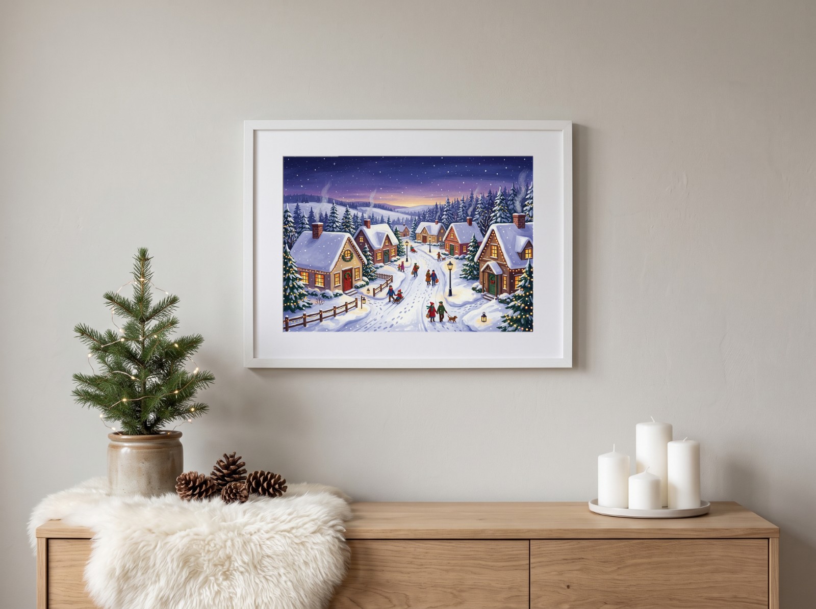 Landscape White Mat Frame Nordic Christmas showing a snowy Christmas village illustration