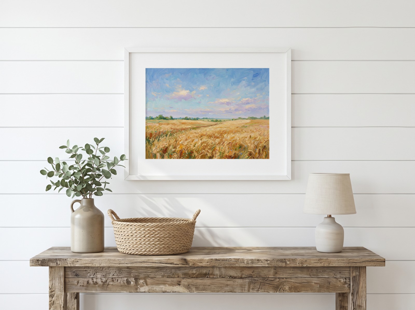 Landscape White Mat Frame Farmhouse showing a golden wheat field oil painting