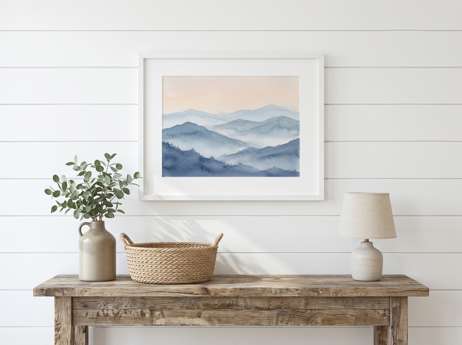 Landscape White Mat Frame Farmhouse showing a misty blue mountain watercolour