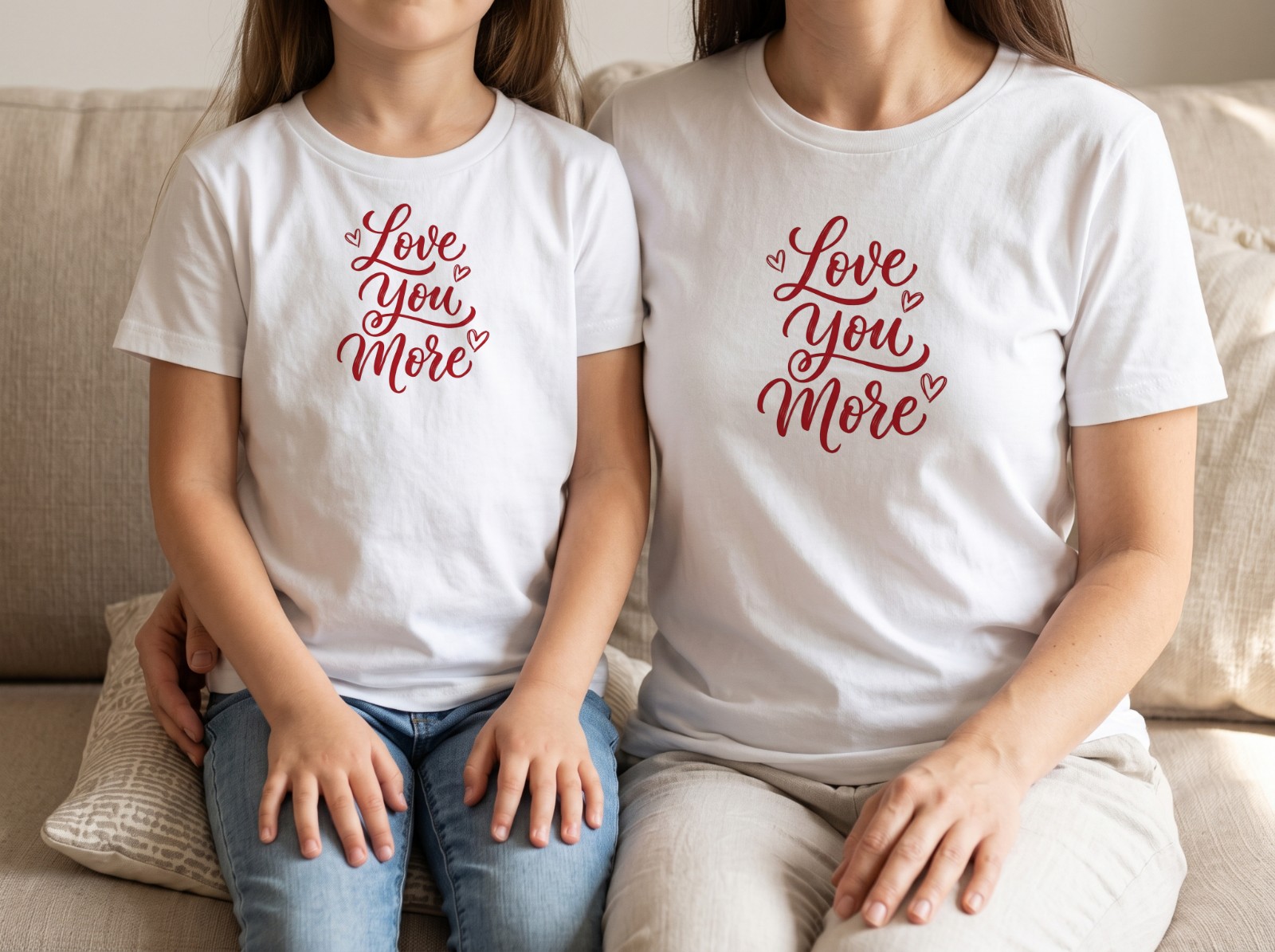 Matching White T-Shirts Mockup on a Mum and Daughter on a Sofa example