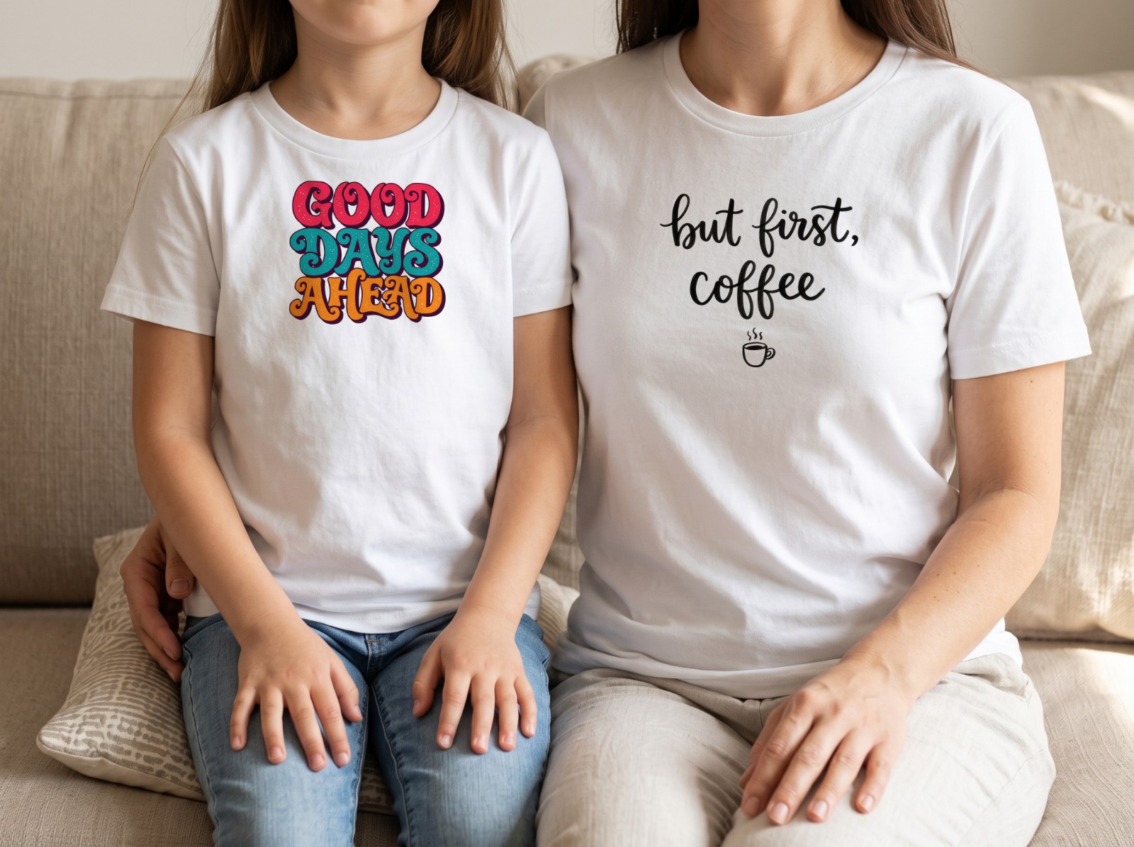 Matching White T-Shirts on a Mum and Daughter on a Sofa showing a Good Days Ahead lettering and a But First Coffee lettering