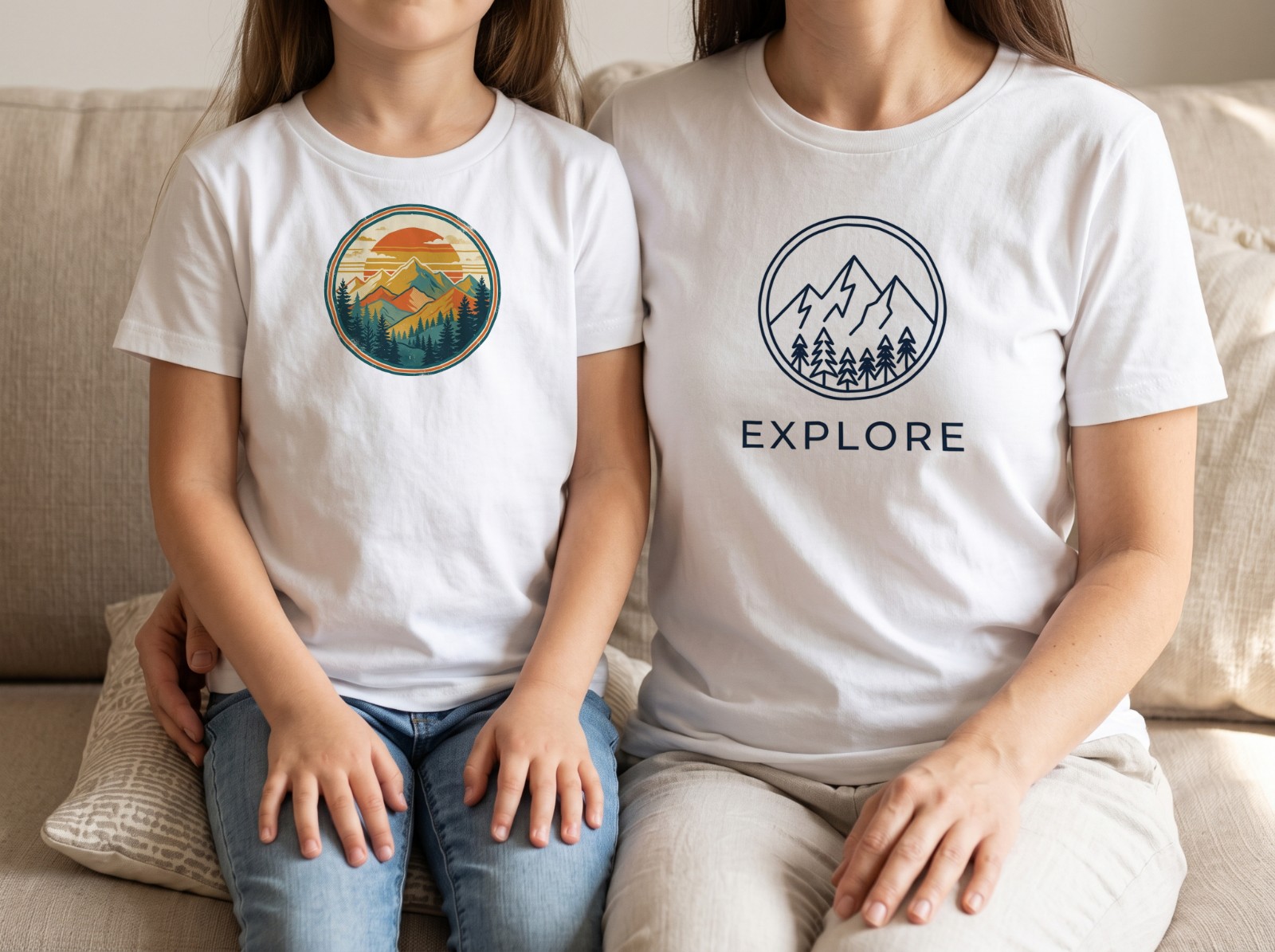 Matching White T-Shirts on a Mum and Daughter on a Sofa showing a retro mountain badge and an Explore mountain emblem