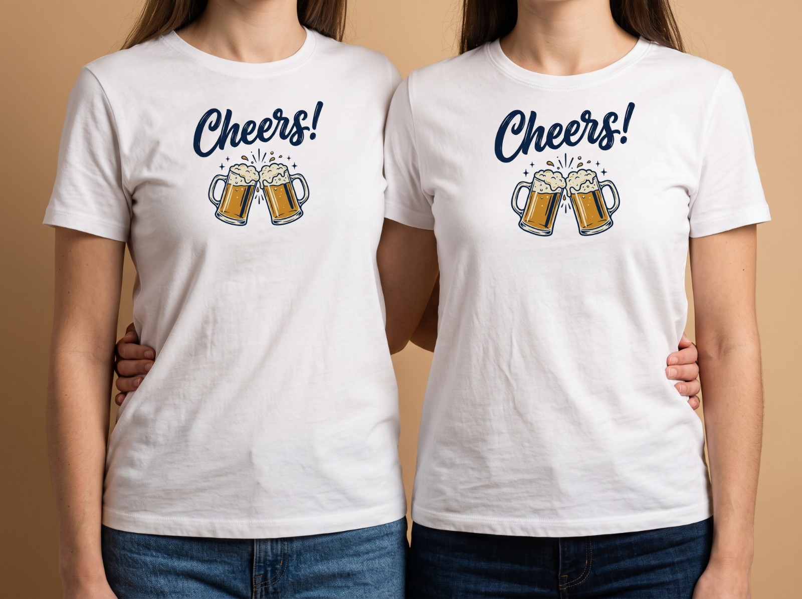 Matching White T-Shirts Mockup on Two Friends in a Studio example
