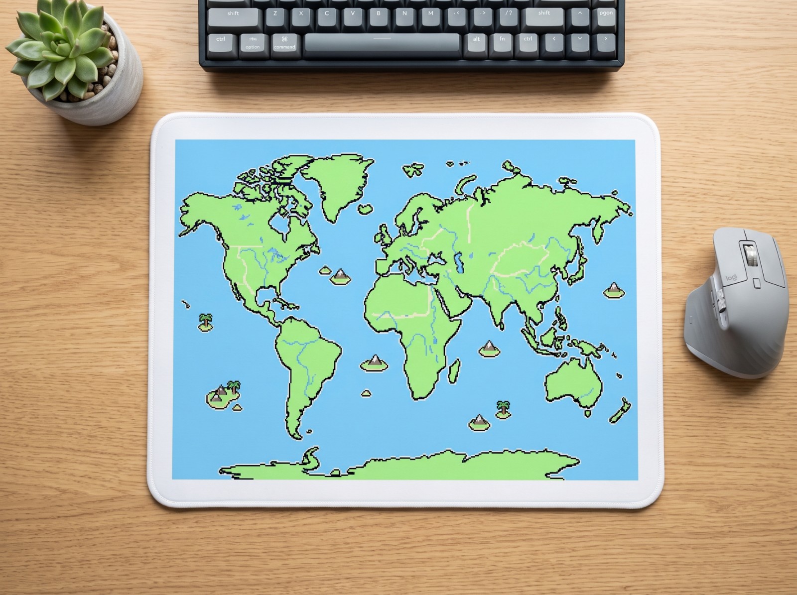 Mouse Pad Mockup on an Oak Desk with Keyboard example