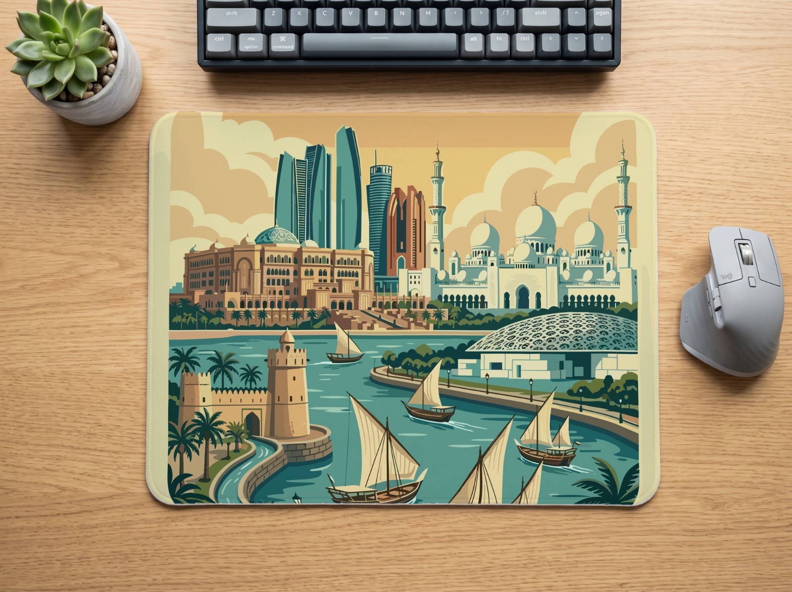 Mouse Pad on an Oak Desk with Keyboard showing an Abu Dhabi travel print