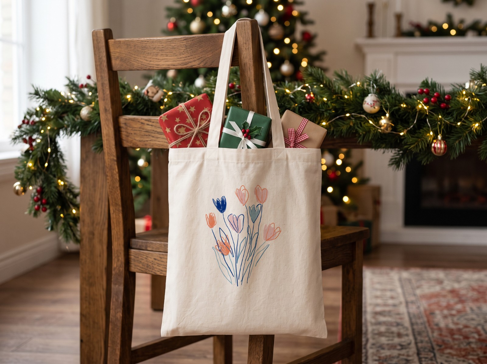 Natural Tote Bag with Christmas Gifts on a Wooden Chair showing the hand-drawn Flowers artwork