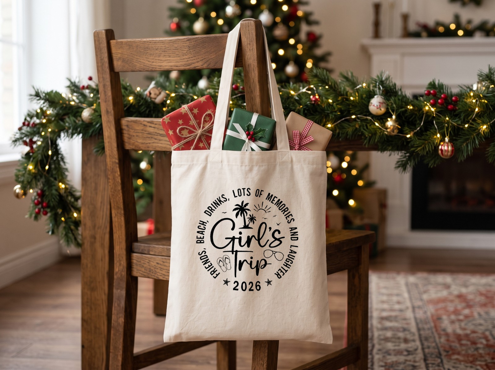 Natural Tote Bag with Christmas Gifts on a Wooden Chair showing the Girl's Trip 2026 design