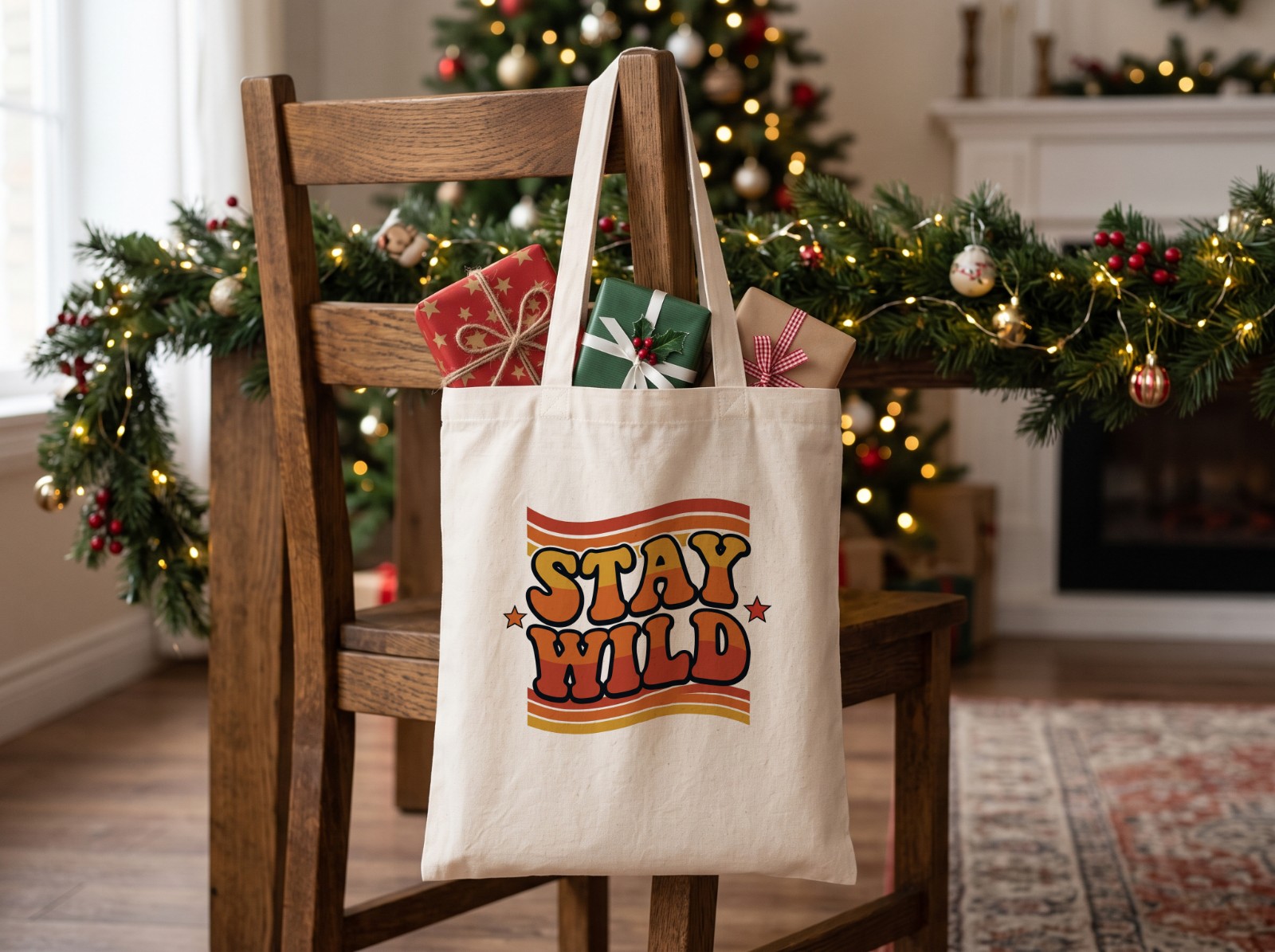 Natural Tote Bag with Christmas Gifts on a Wooden Chair showing the retro Stay Wild design