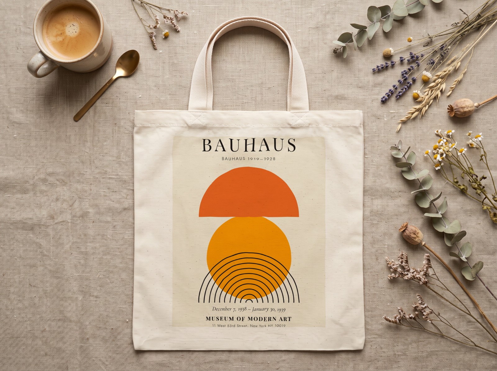 Natural Canvas Tote Bag Mockup, Flat Lay on Linen example