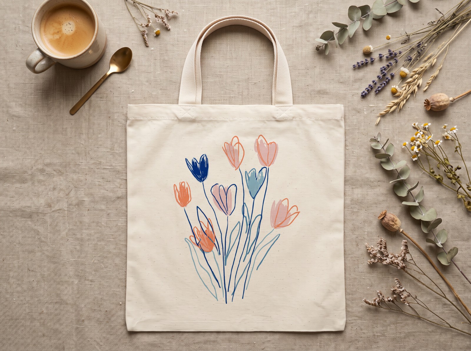 Natural Canvas Tote Bag Mockup, Flat Lay on Linen example