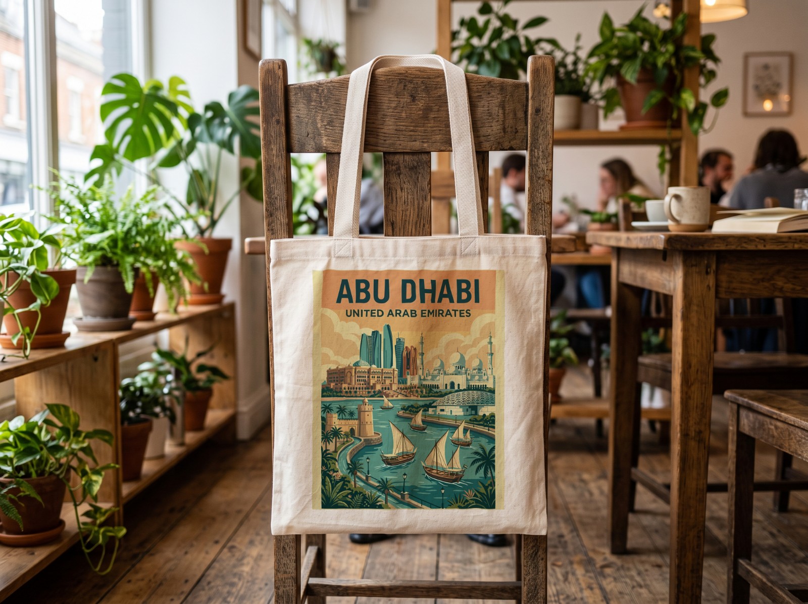 Natural Tote Bag Mockup on a Wooden Cafe Chair example